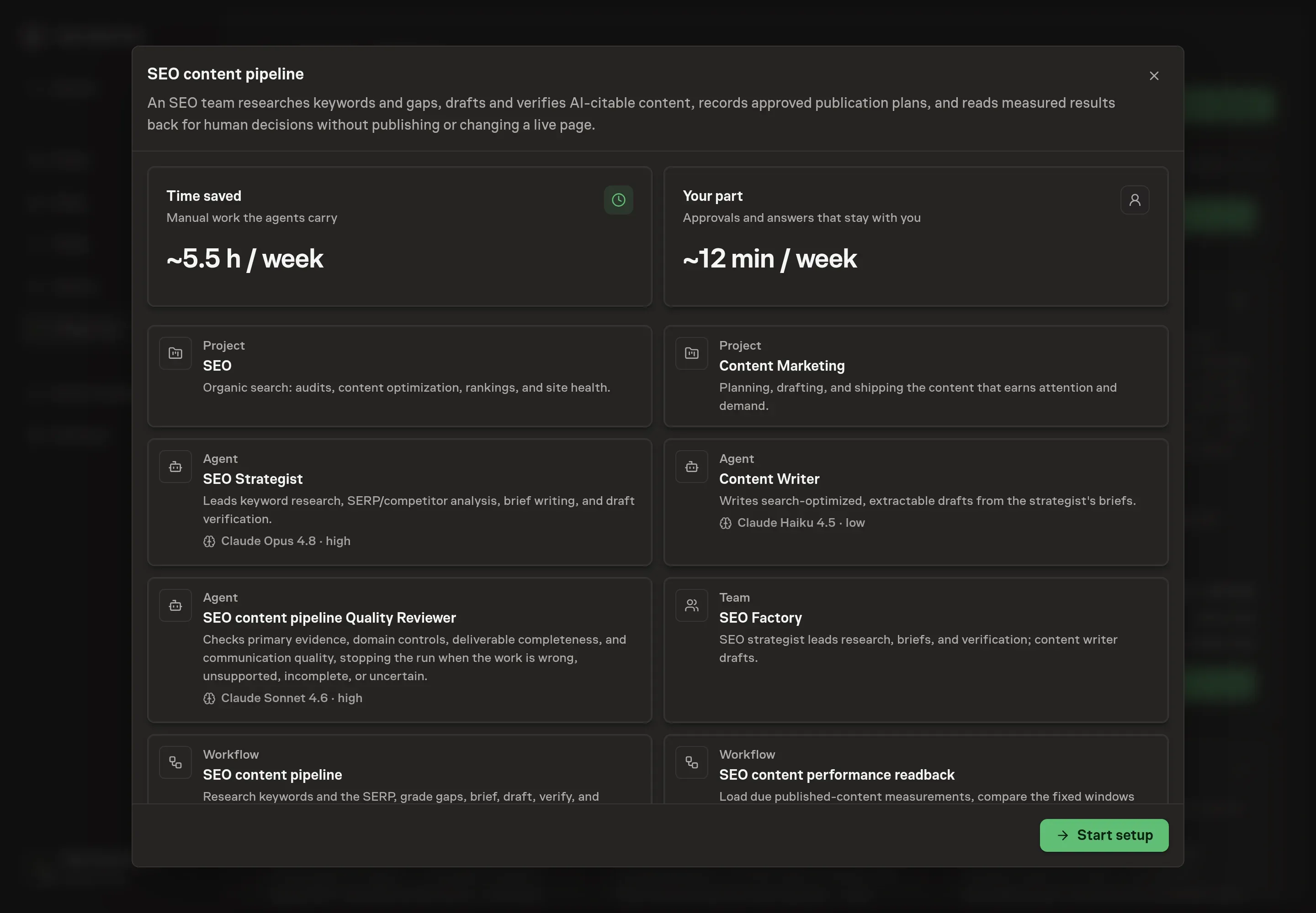 The SEO content pipeline preview showing the strategist, writer, quality reviewer, team, two workflows, change log, skills, services, goal, and schedules