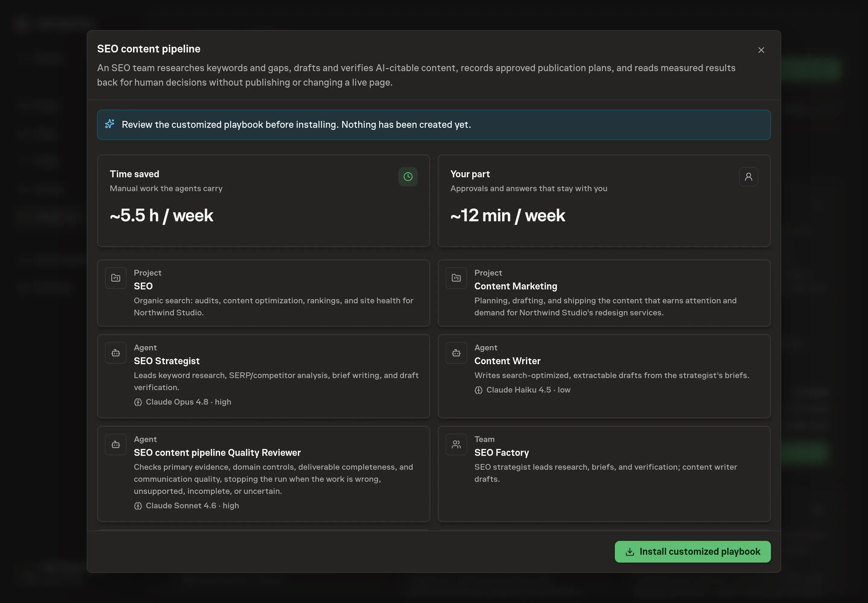 The review step showing the customized strategist, writer, quality reviewer, team, two workflows, change log, selected Ahrefs service, goal, and schedules