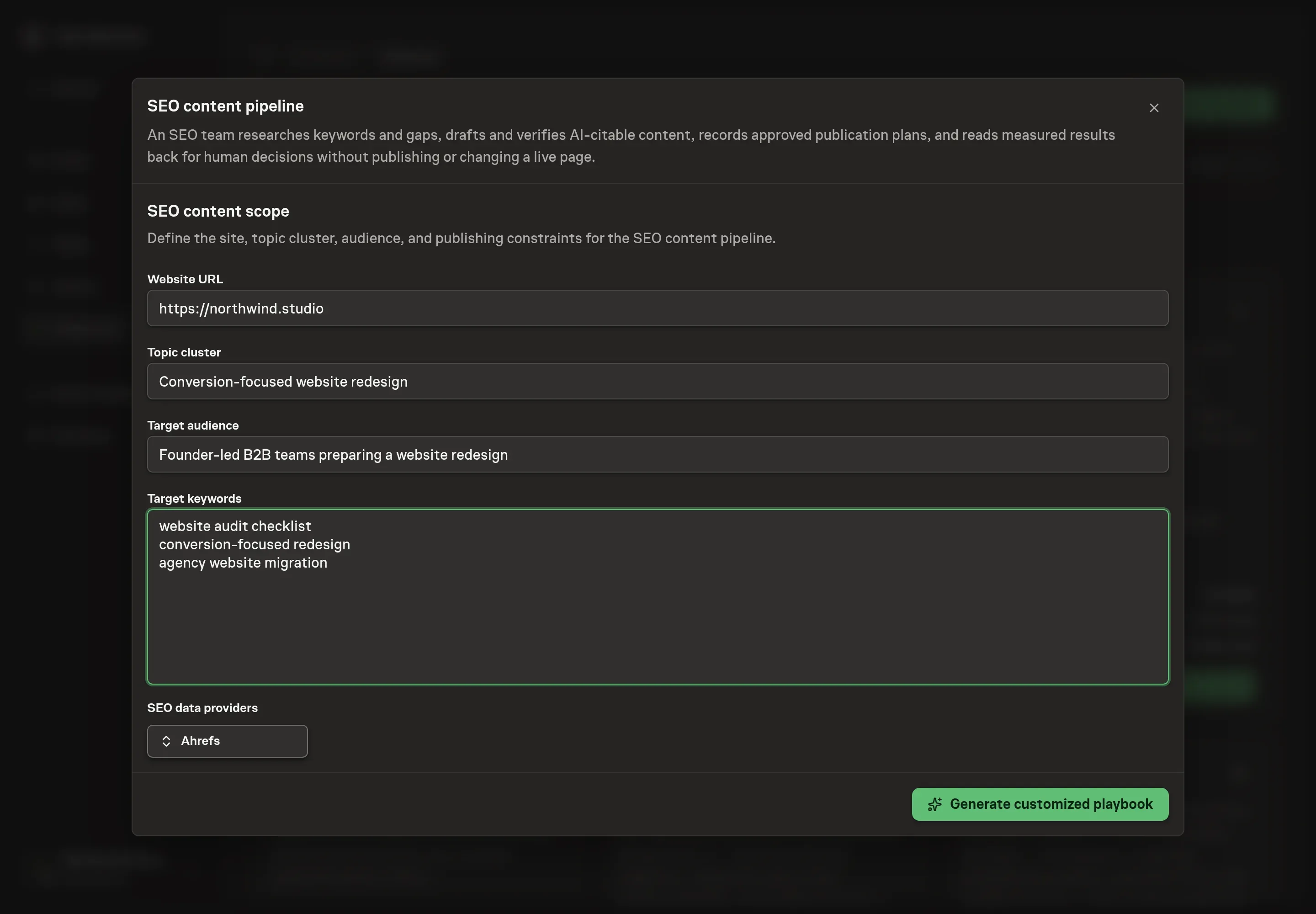 The setup form filled with Northwind Studio website URL, topic cluster, audience, target keywords, and Ahrefs selected