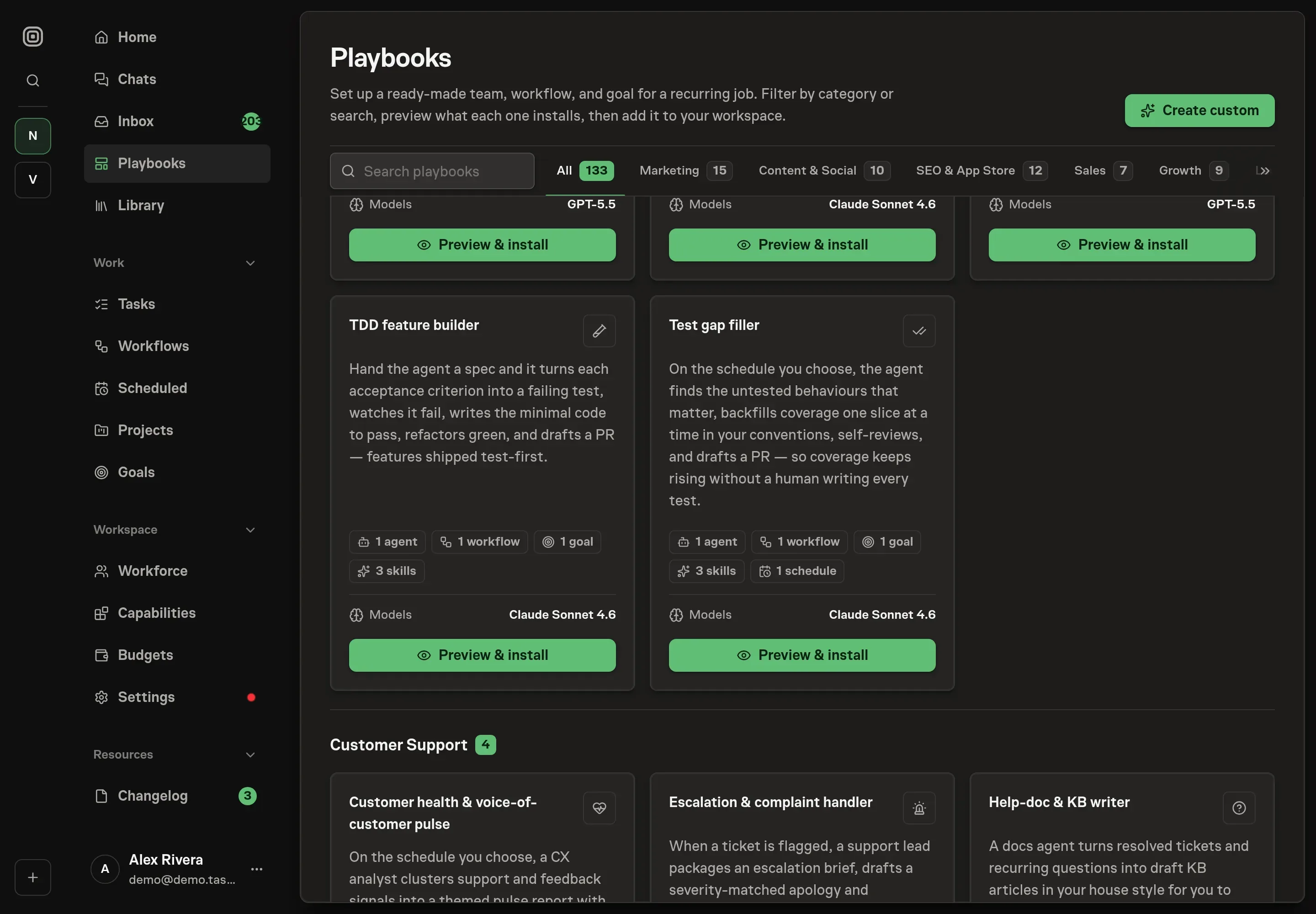 The playbook gallery with the TDD feature builder card in the Engineering category, listing the coding agent, workflow, goal, and skills