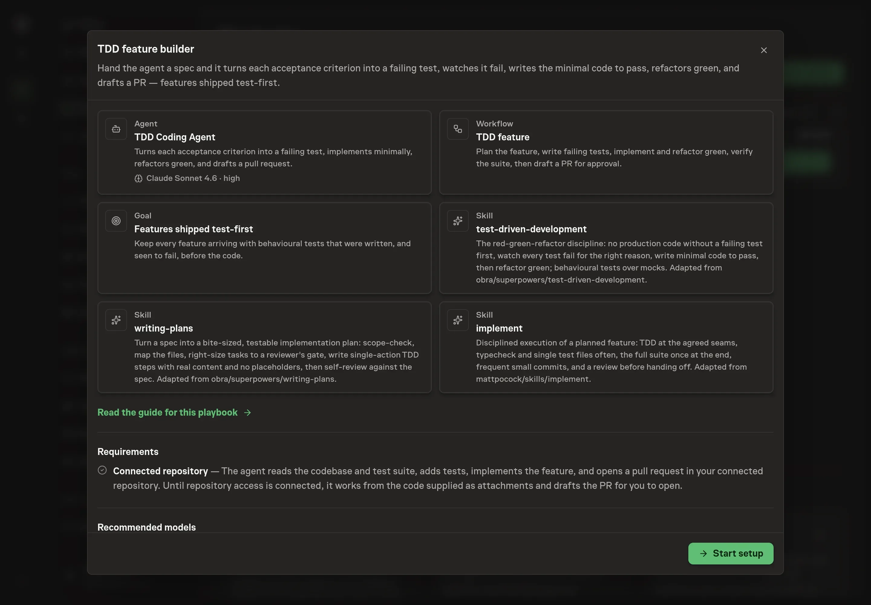 The TDD feature builder preview listing the coding agent, workflow, test-first goal, and three skills, with a Start setup button