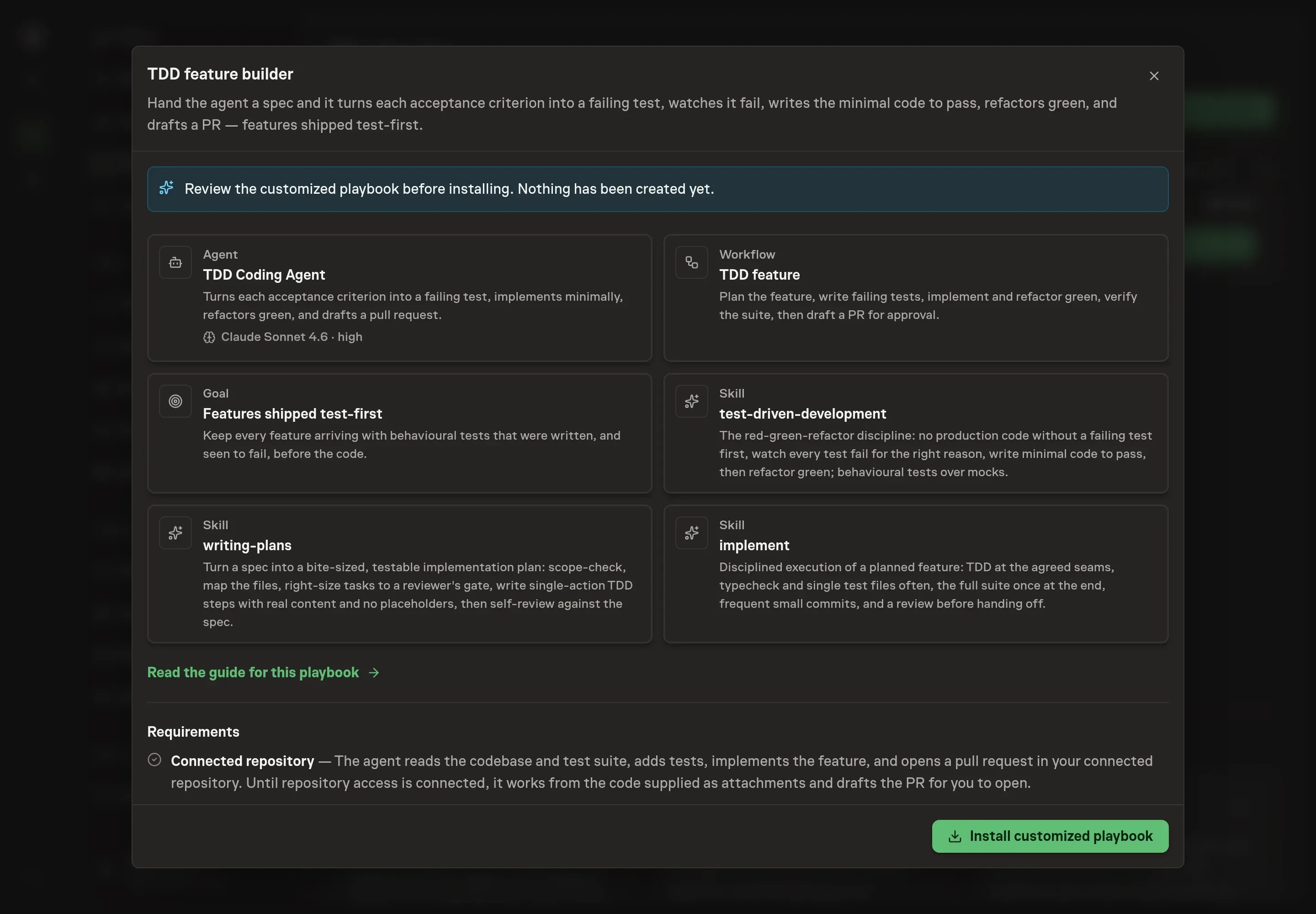 The review step showing the customized TDD coding agent, workflow, goal, and skills before installation