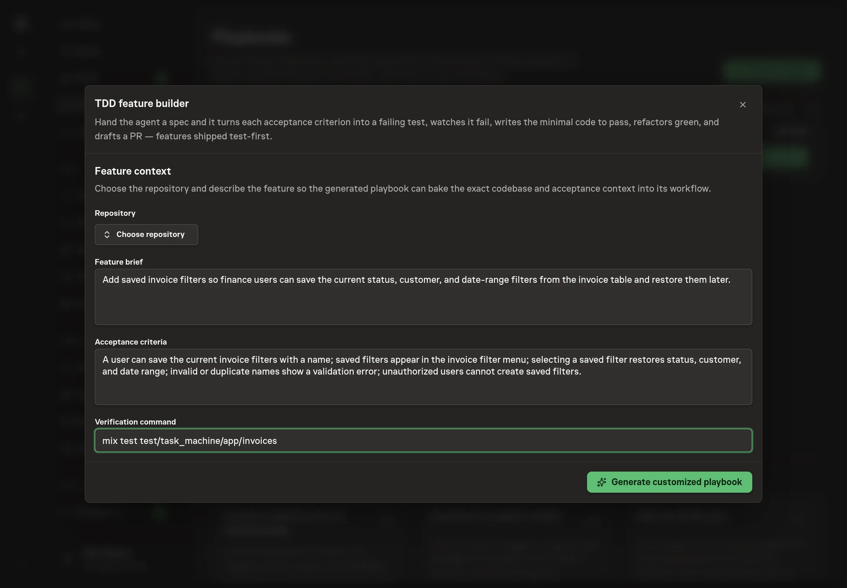 The setup form filled in with a Northwind Studio feature brief, acceptance criteria, and verification command