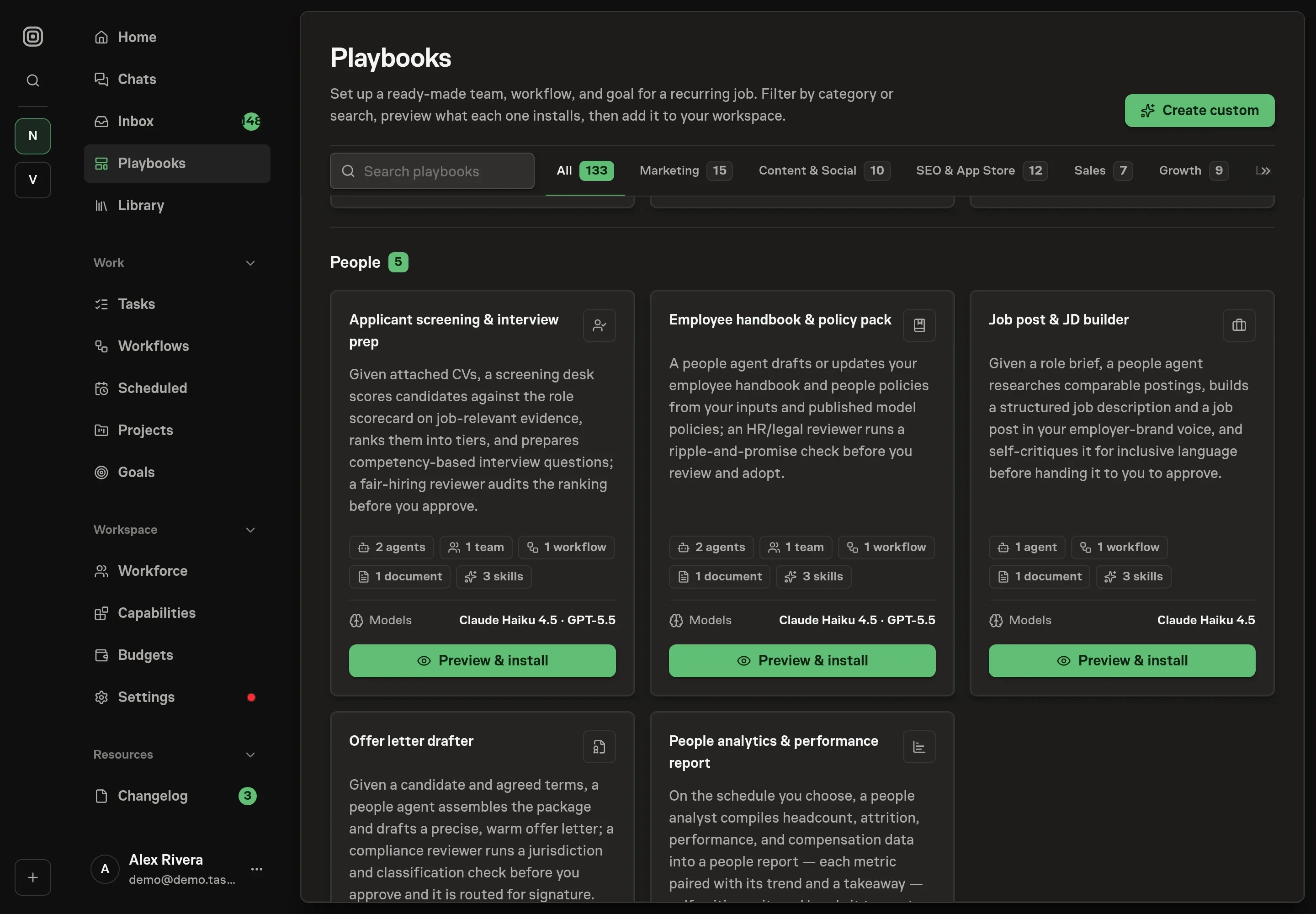 The playbook gallery with the Job post and JD builder card in the People category, showing the People Agent, workflow, employer-brand voice document, and skills