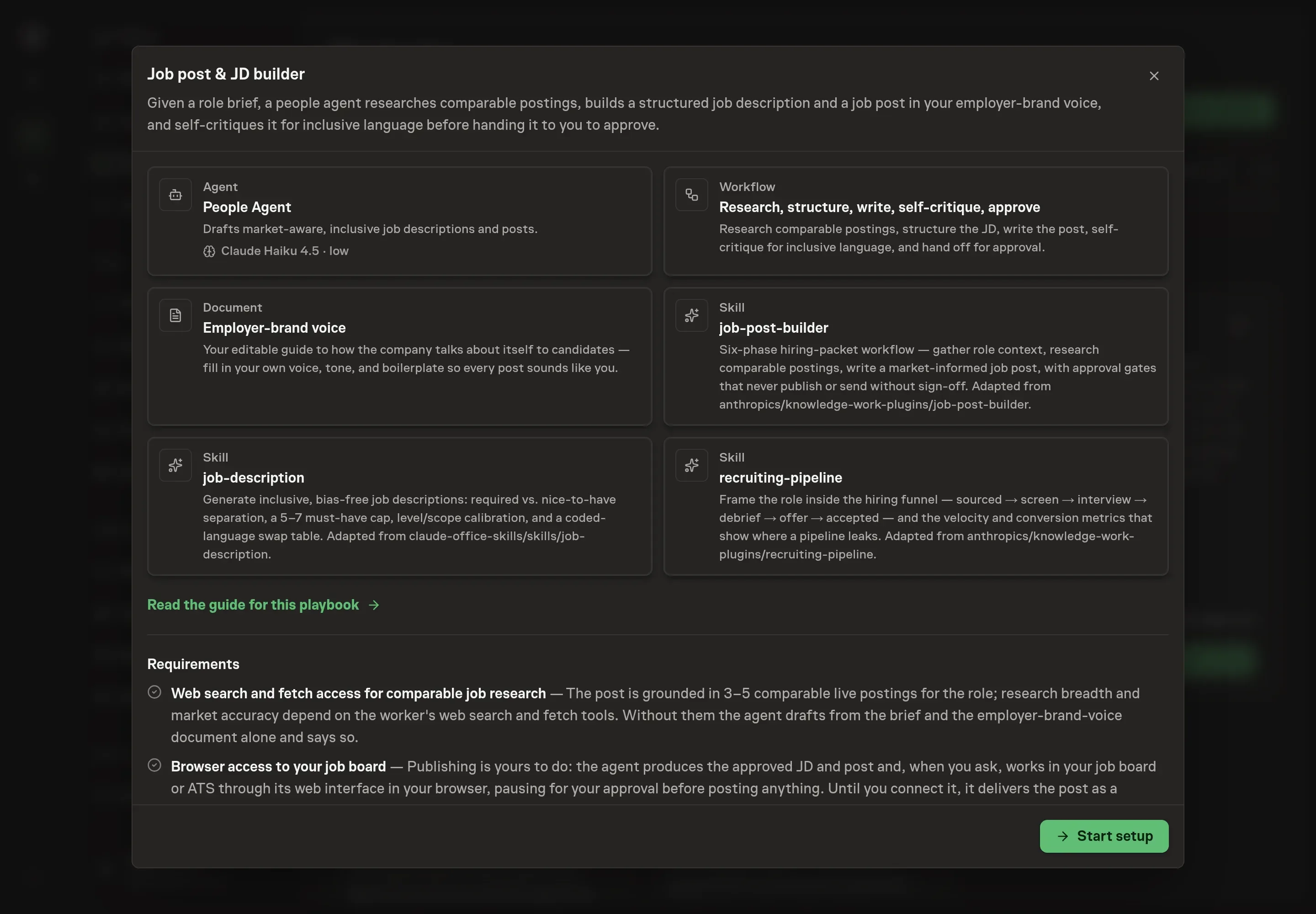 The Job post and JD builder preview listing the People Agent, hiring workflow, employer-brand voice document, and three hiring skills, with a Start setup button