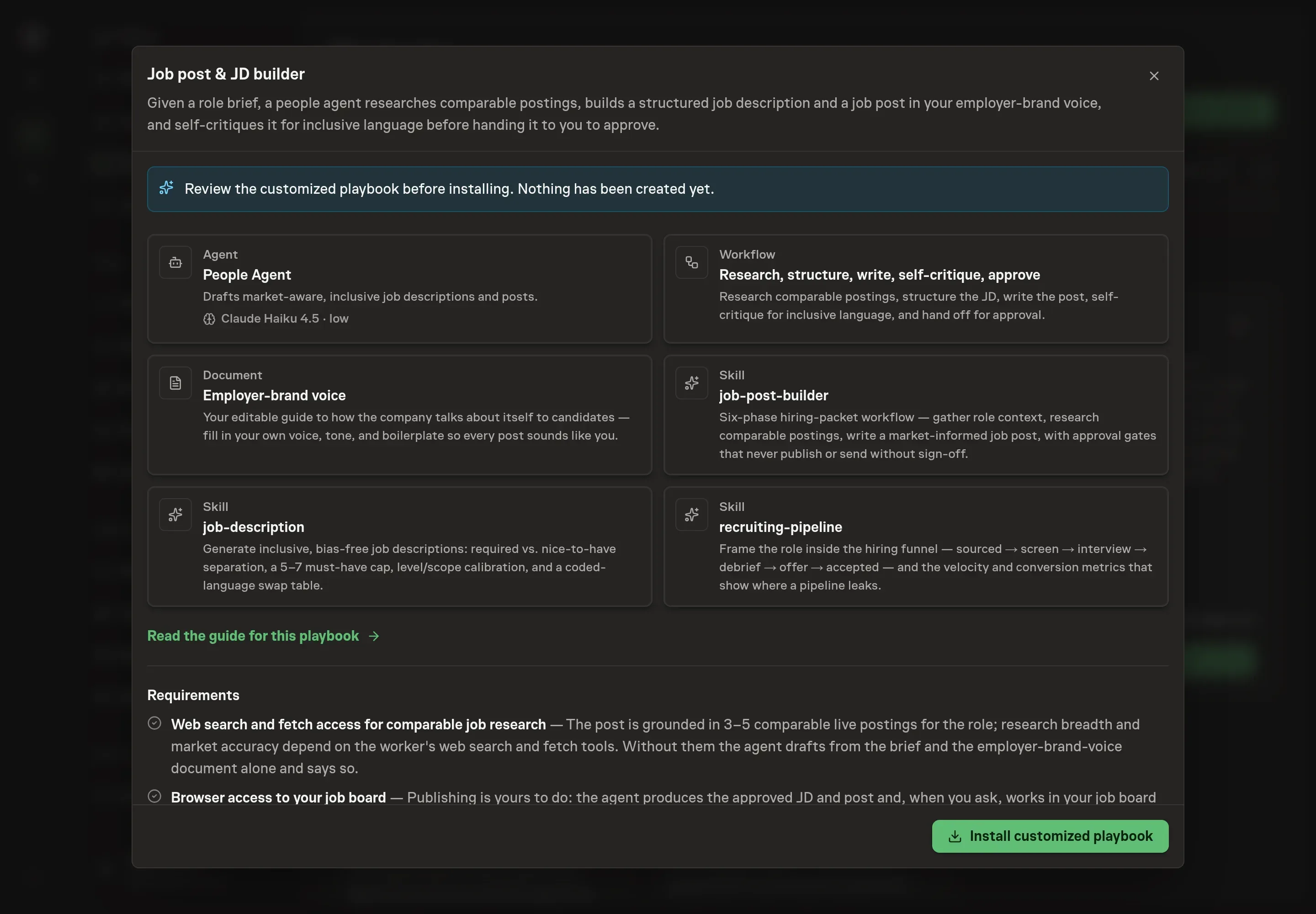 The review step showing the customized Job post and JD builder records, including the People Agent, hiring workflow, employer-brand voice document, and skills