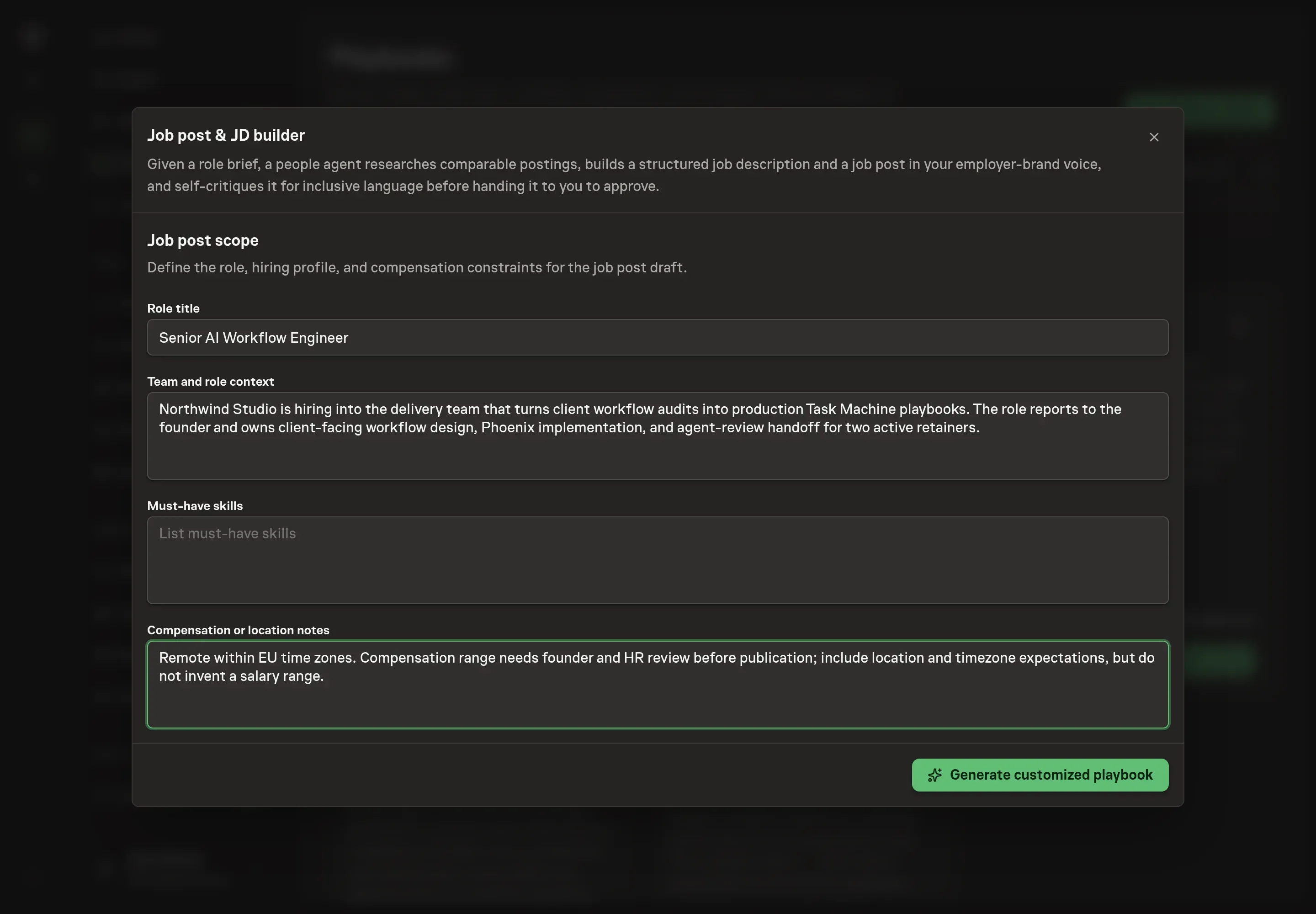 The setup form filled with Northwind Studio's role title, team context, must-have skills, and compensation or location notes