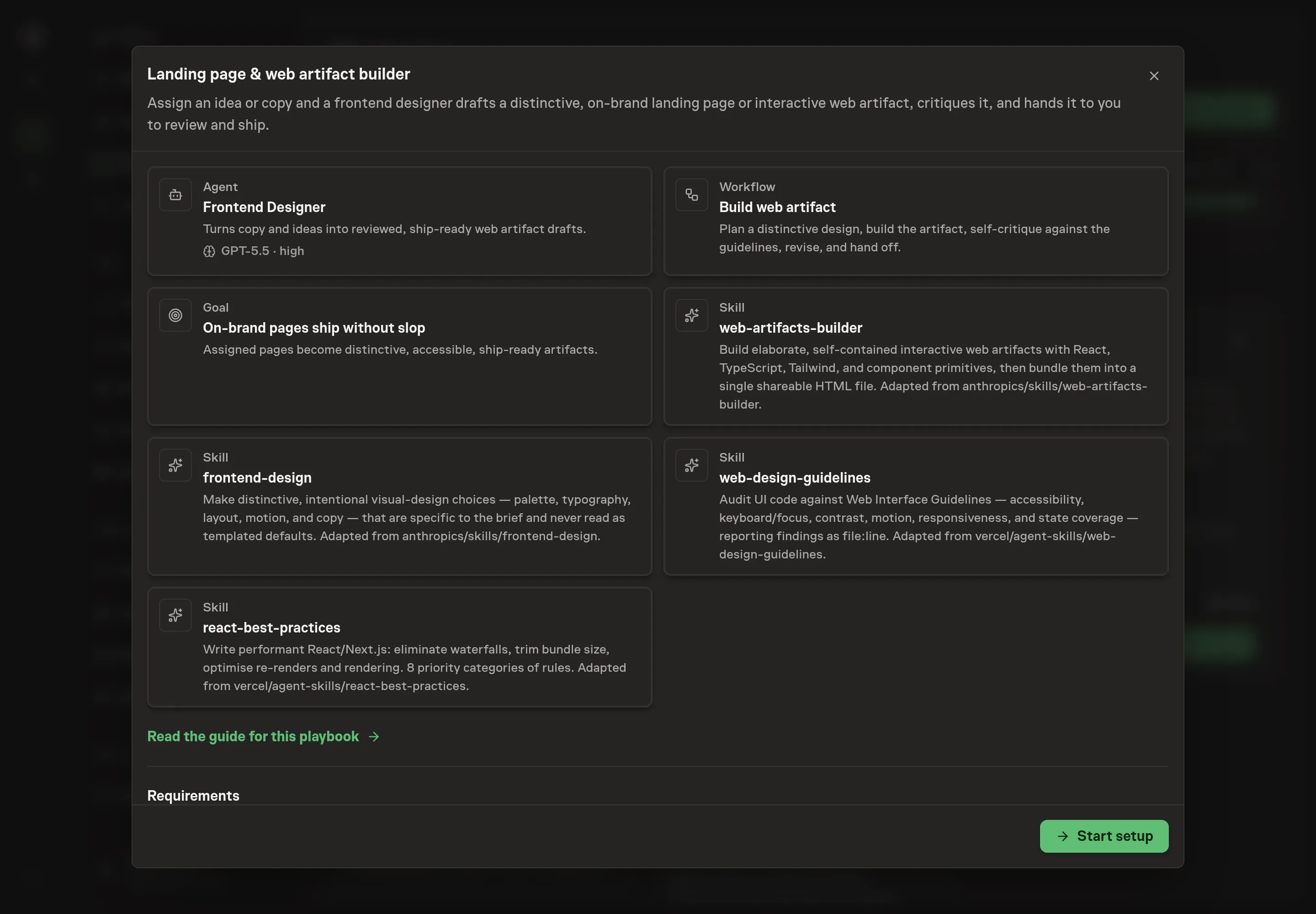 The Landing page builder preview listing the Frontend Designer agent, Build web artifact workflow, on-brand pages goal, and four frontend skills, with a Start setup button