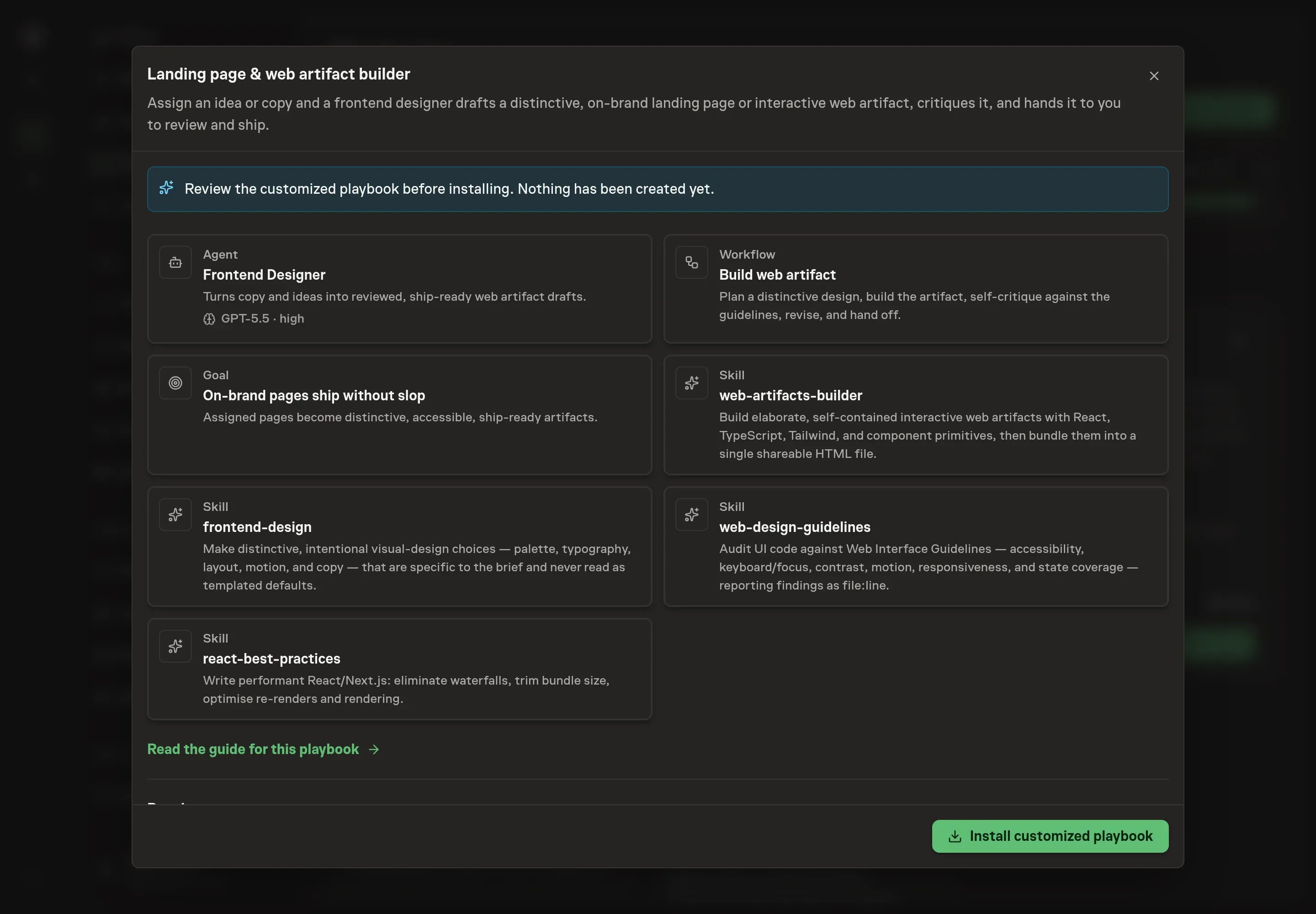 The review step showing the customized Landing page builder records, including the Frontend Designer, Build web artifact workflow, goal, and frontend skills