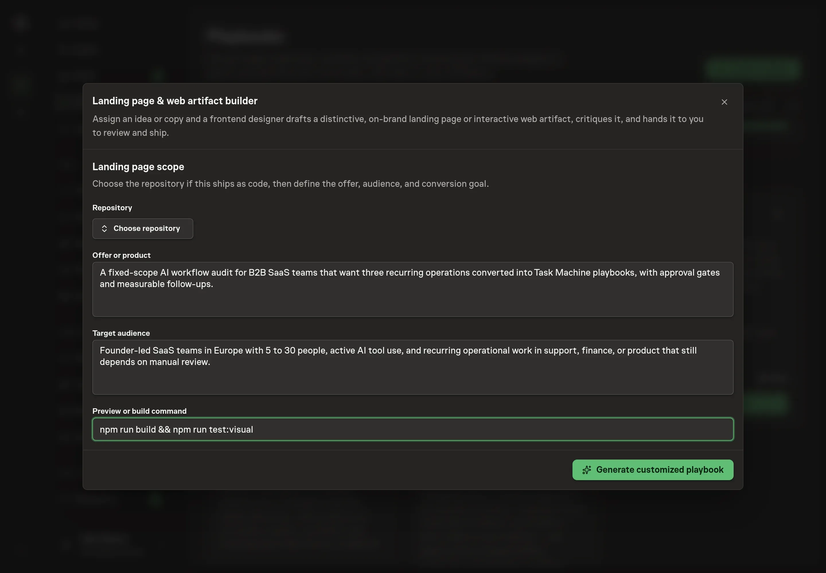 The setup form filled with Northwind Studio's repository, offer, target audience, and preview command for the landing page builder