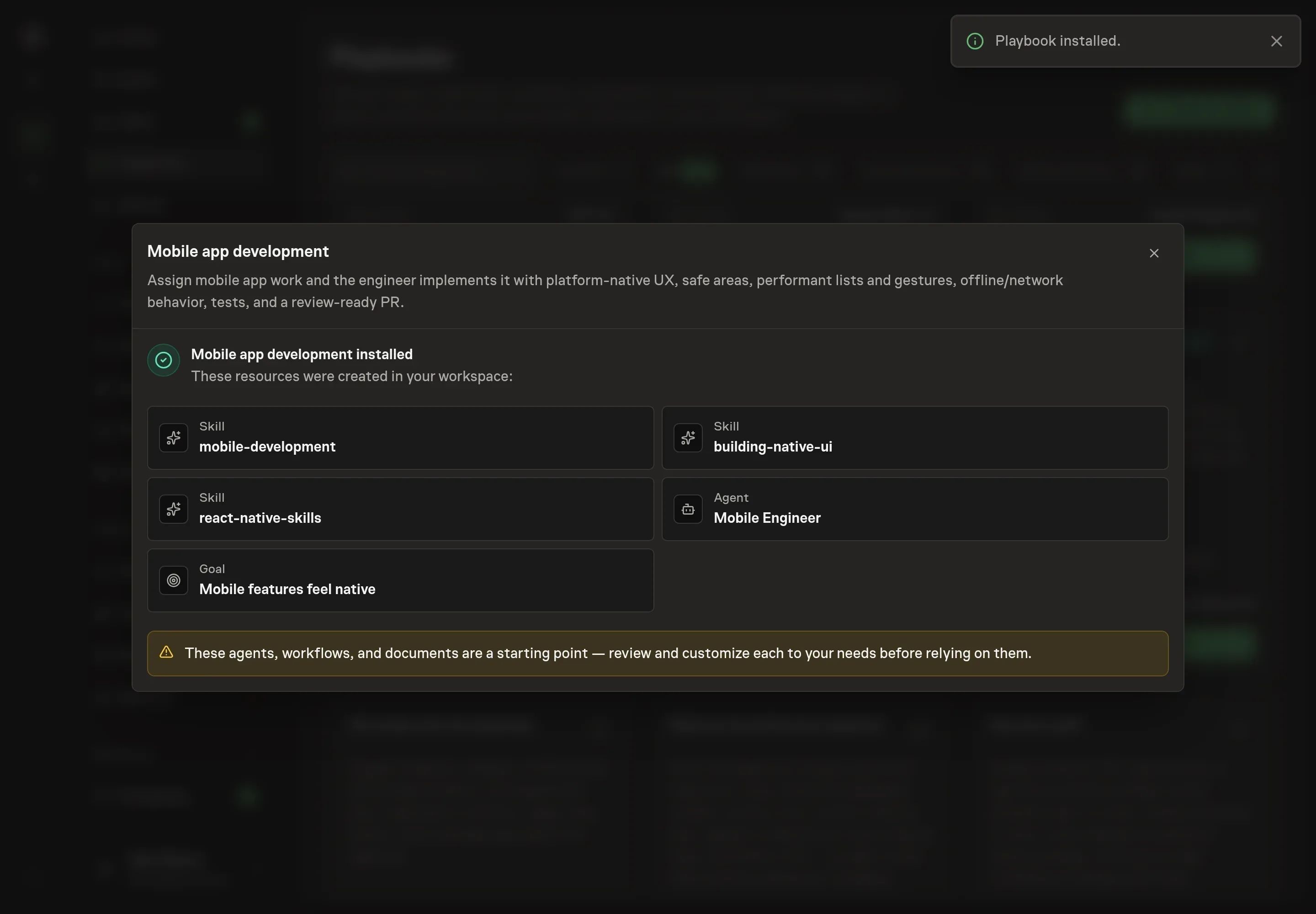 The install confirmation listing the Mobile app development records and first task proposal