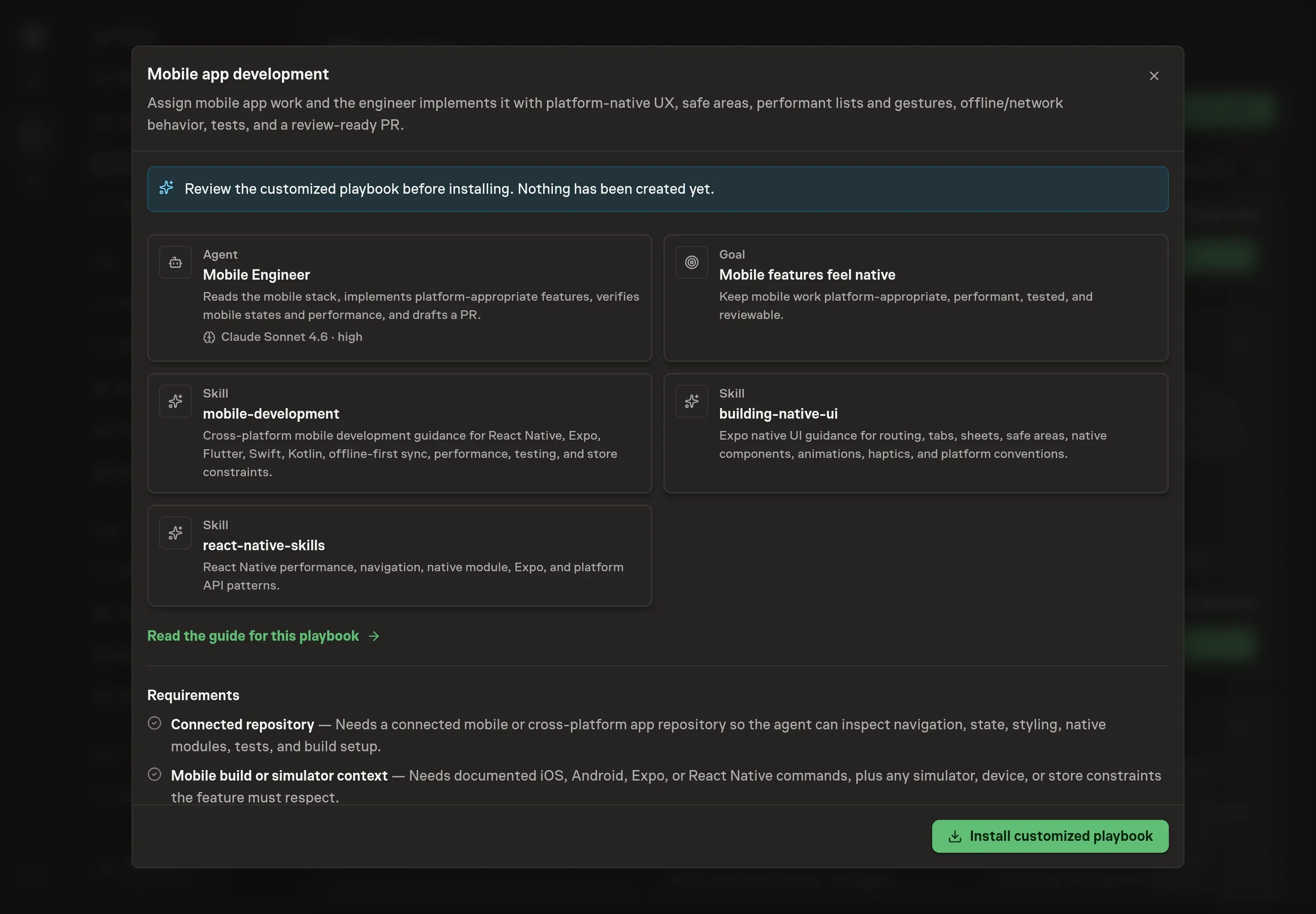 The review step showing the customized Mobile Engineer and goal before anything is created