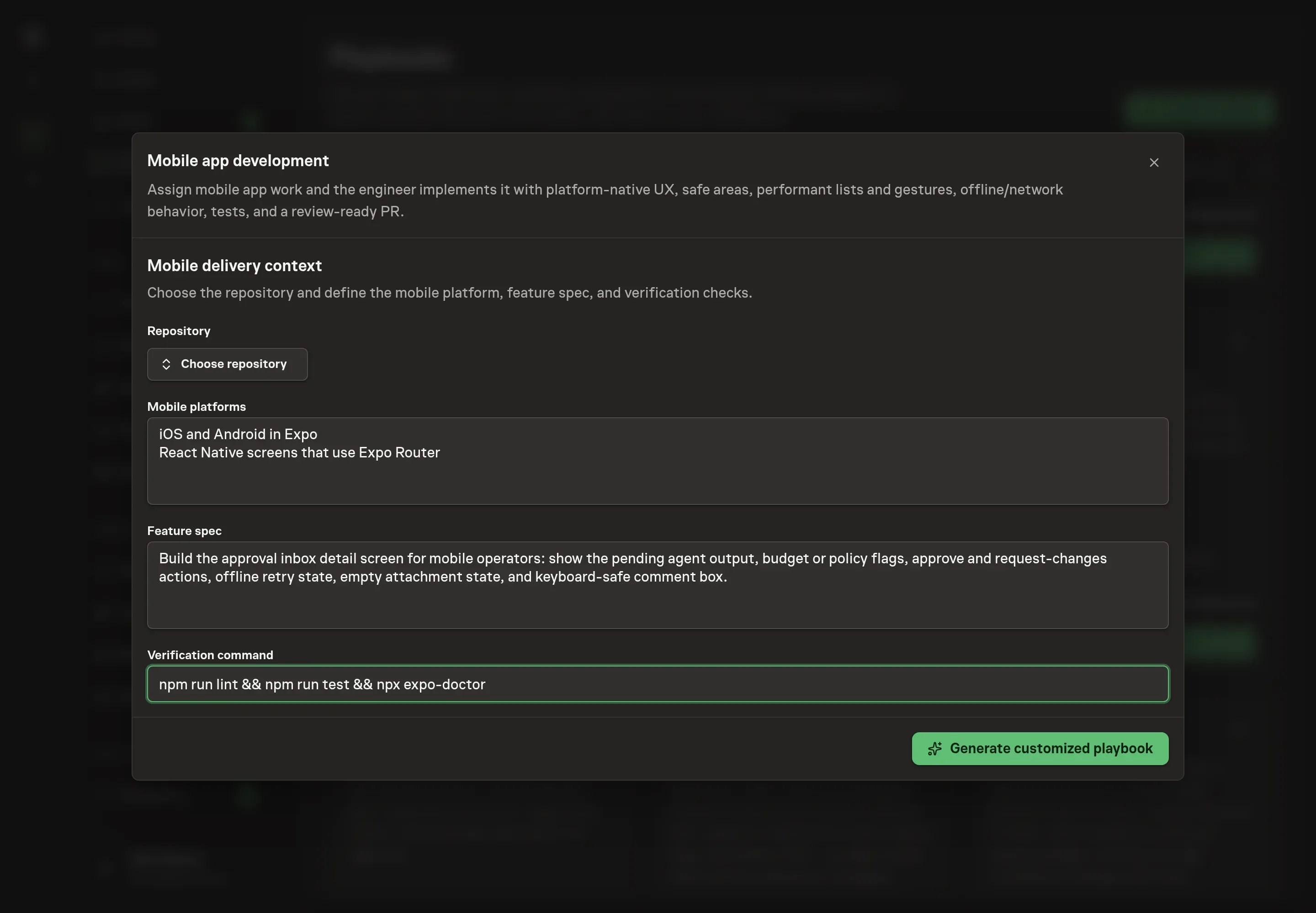 The setup form filled with a Northwind Studio mobile repository, iOS and Android platforms, feature spec, and verification command
