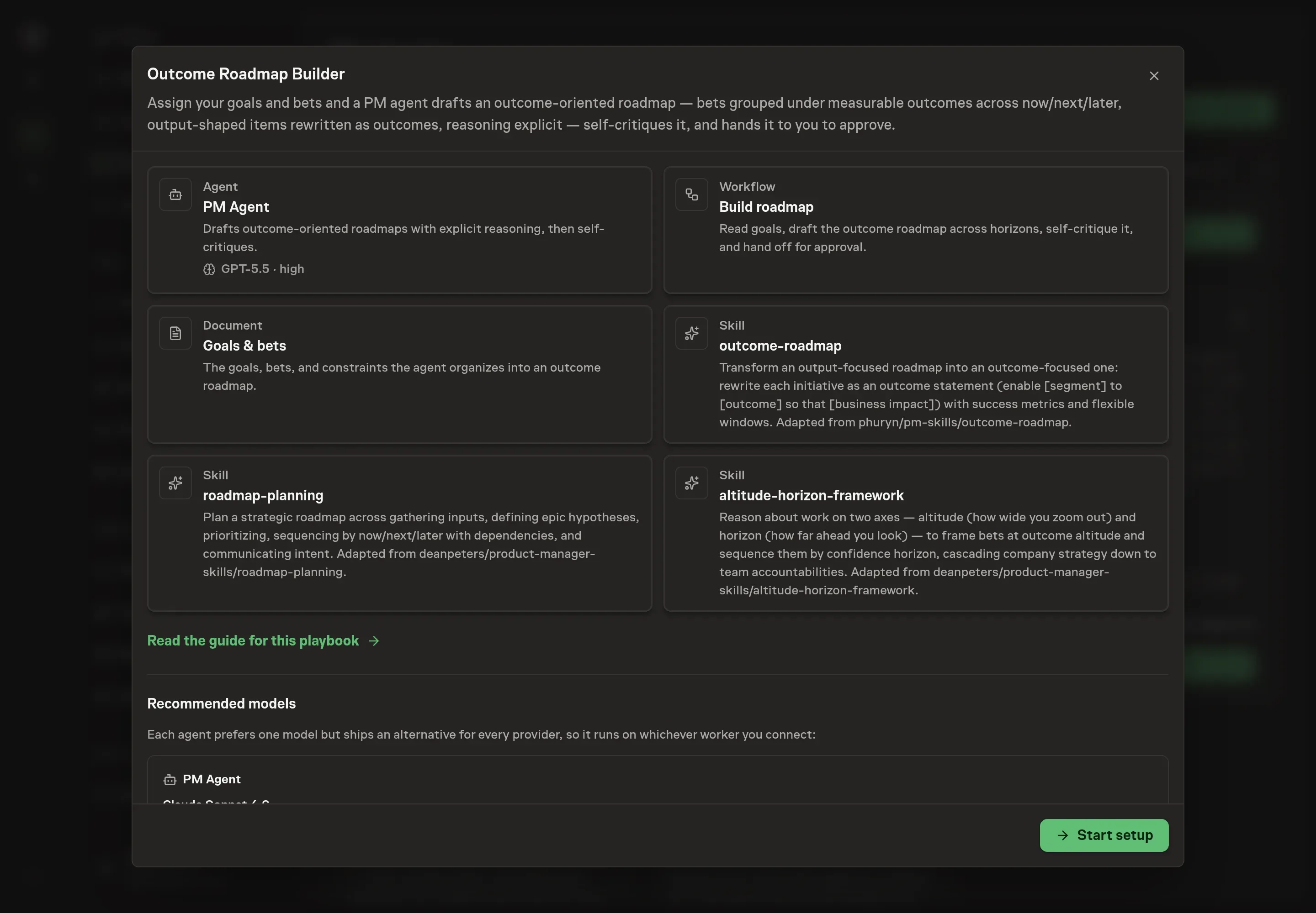 The Outcome Roadmap Builder preview listing the PM Agent, Build roadmap workflow, Goals & bets document, and roadmap skills with a Start setup button