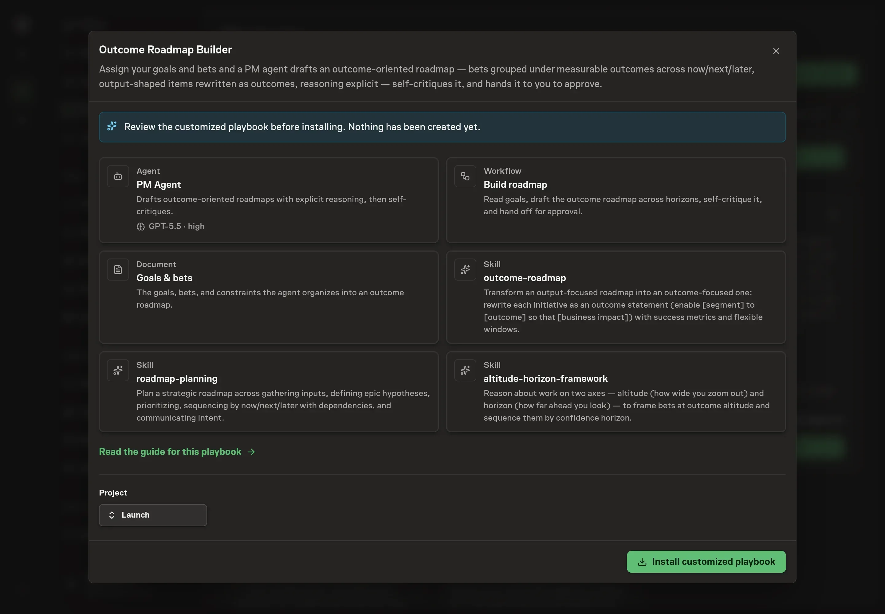 The review step showing the customized PM Agent, Goals & bets document, roadmap workflow, and three roadmap skills before installation