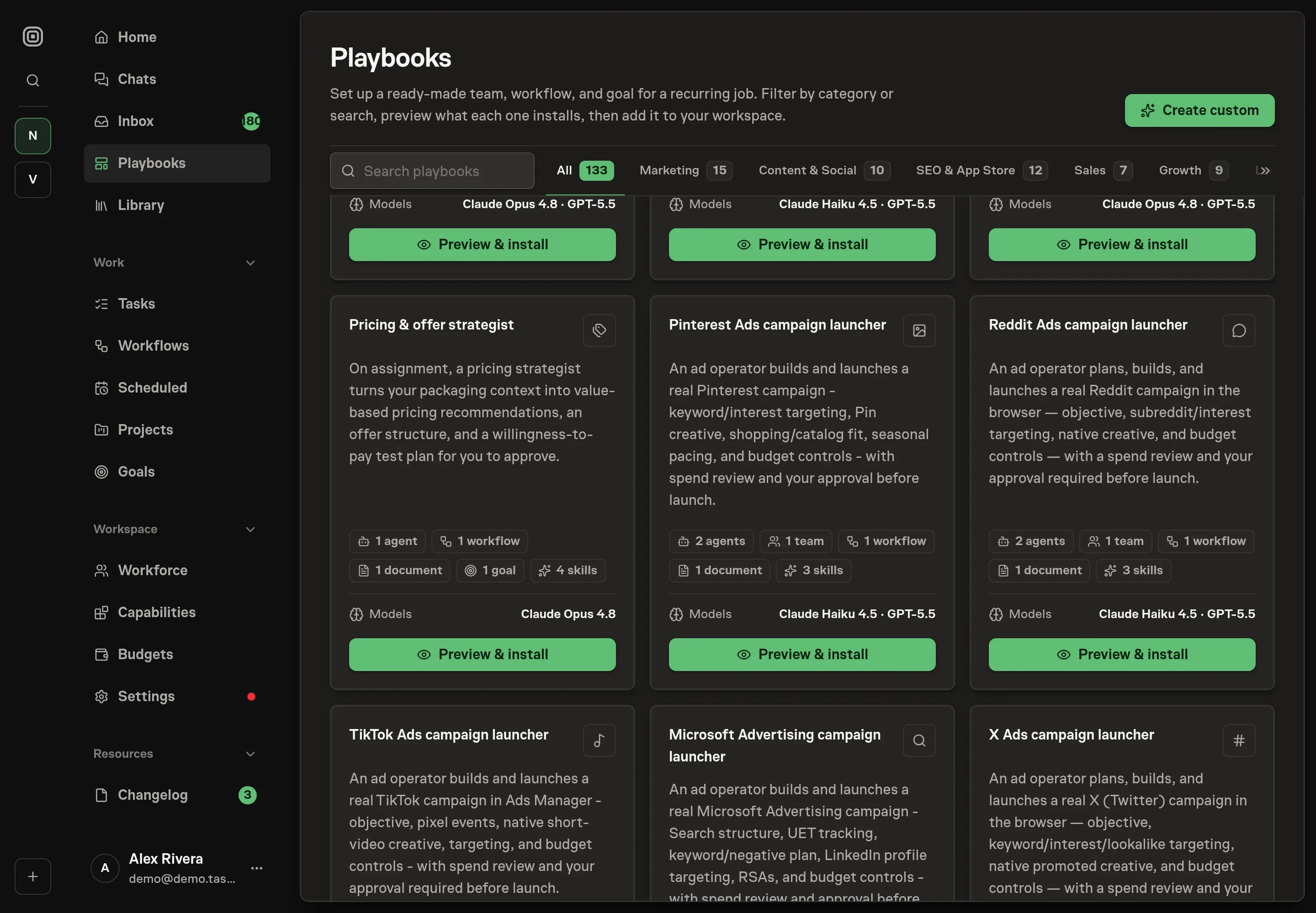 The playbook gallery with the Pricing and offer strategist card in the Marketing category, listing the agent, workflow, document, goal, and skills