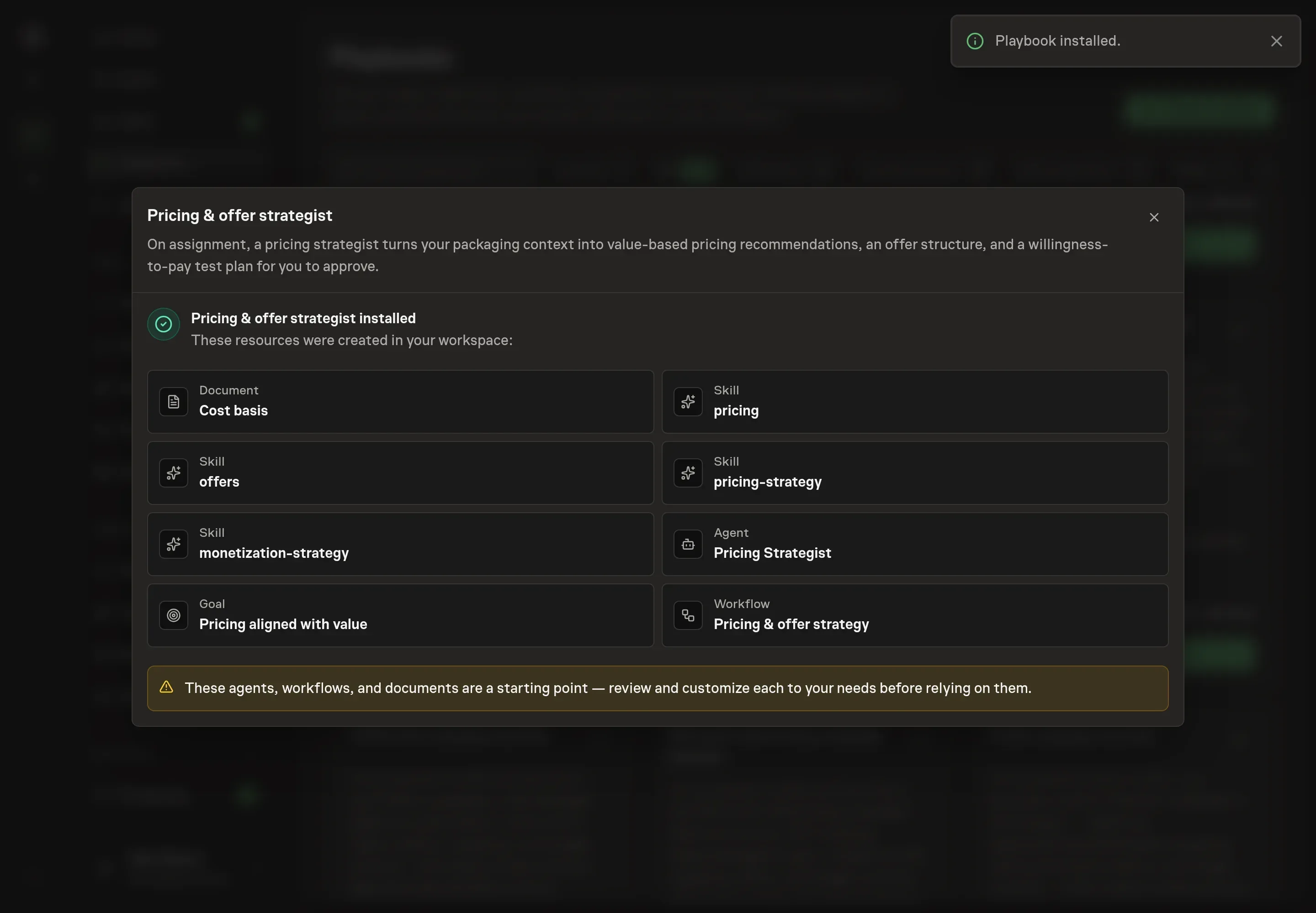 The install confirmation listing the created Cost Basis document, pricing skills, Pricing Strategist, workflow, and goal