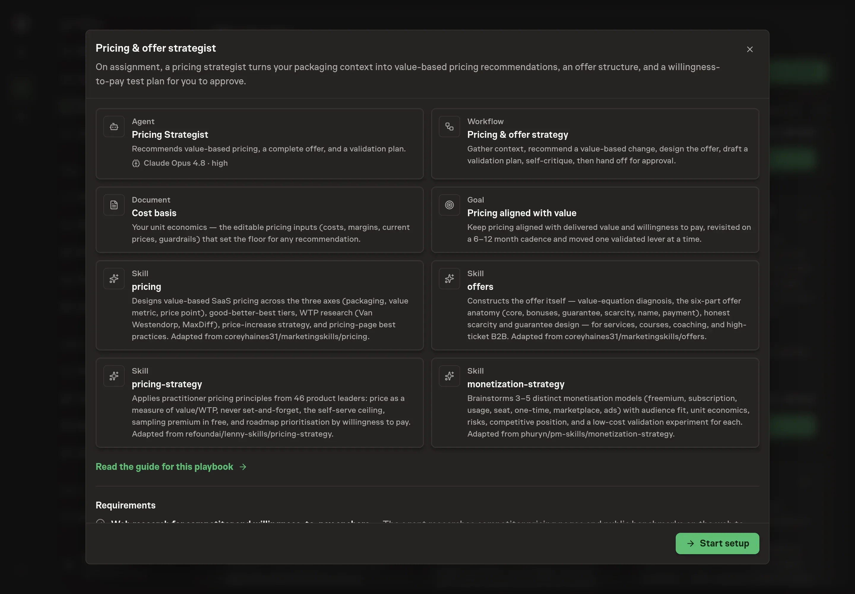 The Pricing and offer strategist preview listing the agent, cost-basis document, workflow, goal, skills, and web research requirement