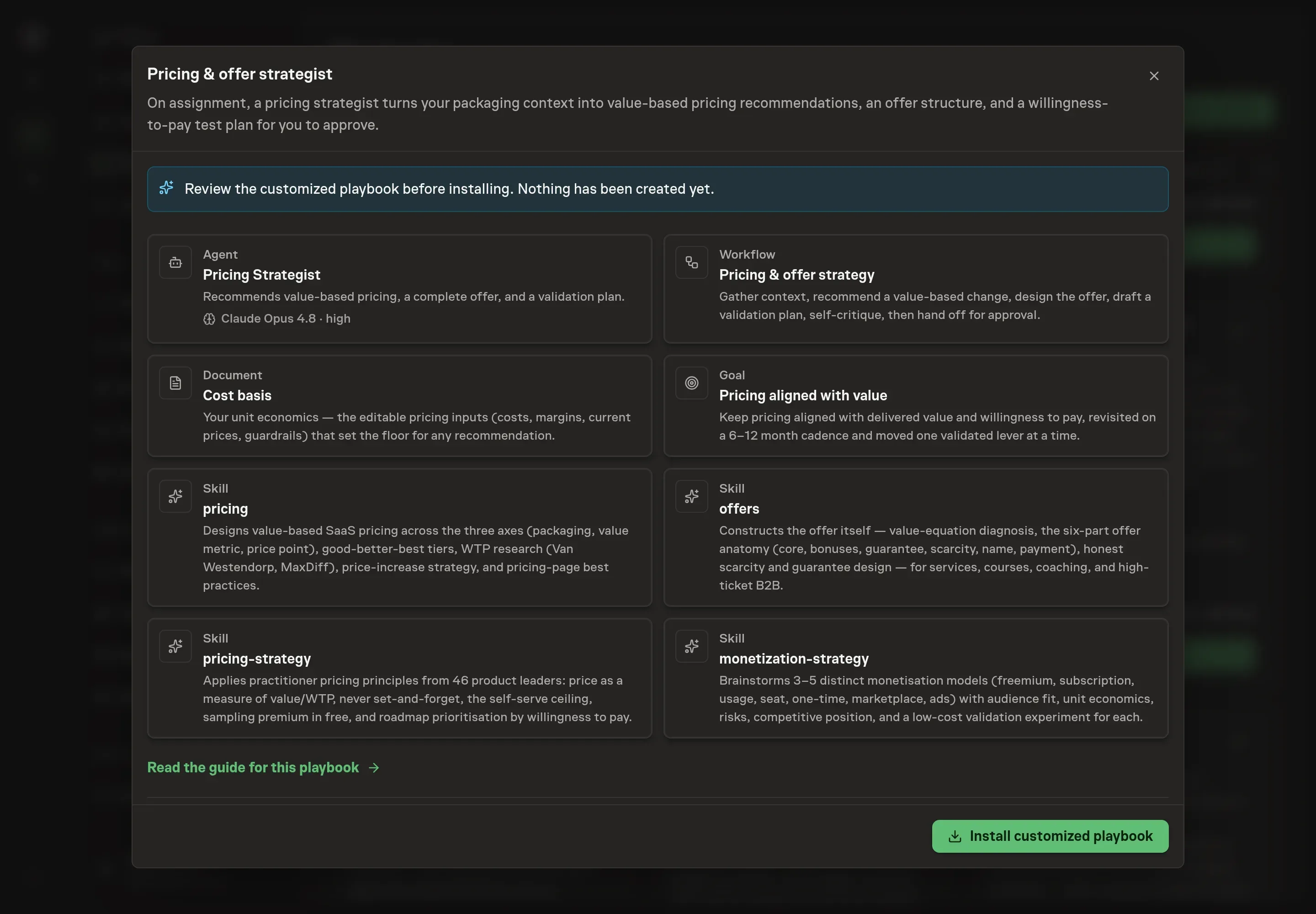 The review step showing the customized Pricing Strategist, Cost Basis document, workflow, goal, and skills before installation