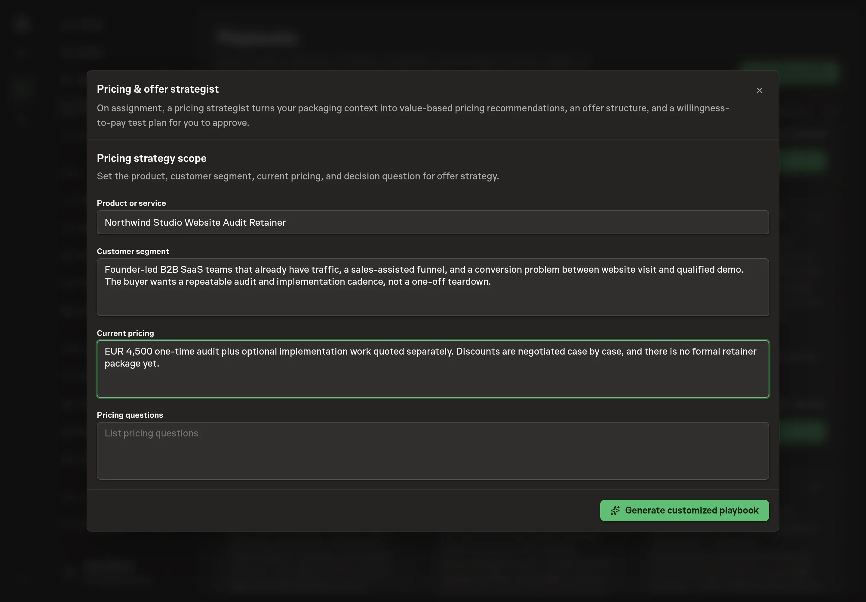 The setup form filled in with the product, customer segment, current pricing, and pricing questions for Northwind Studio