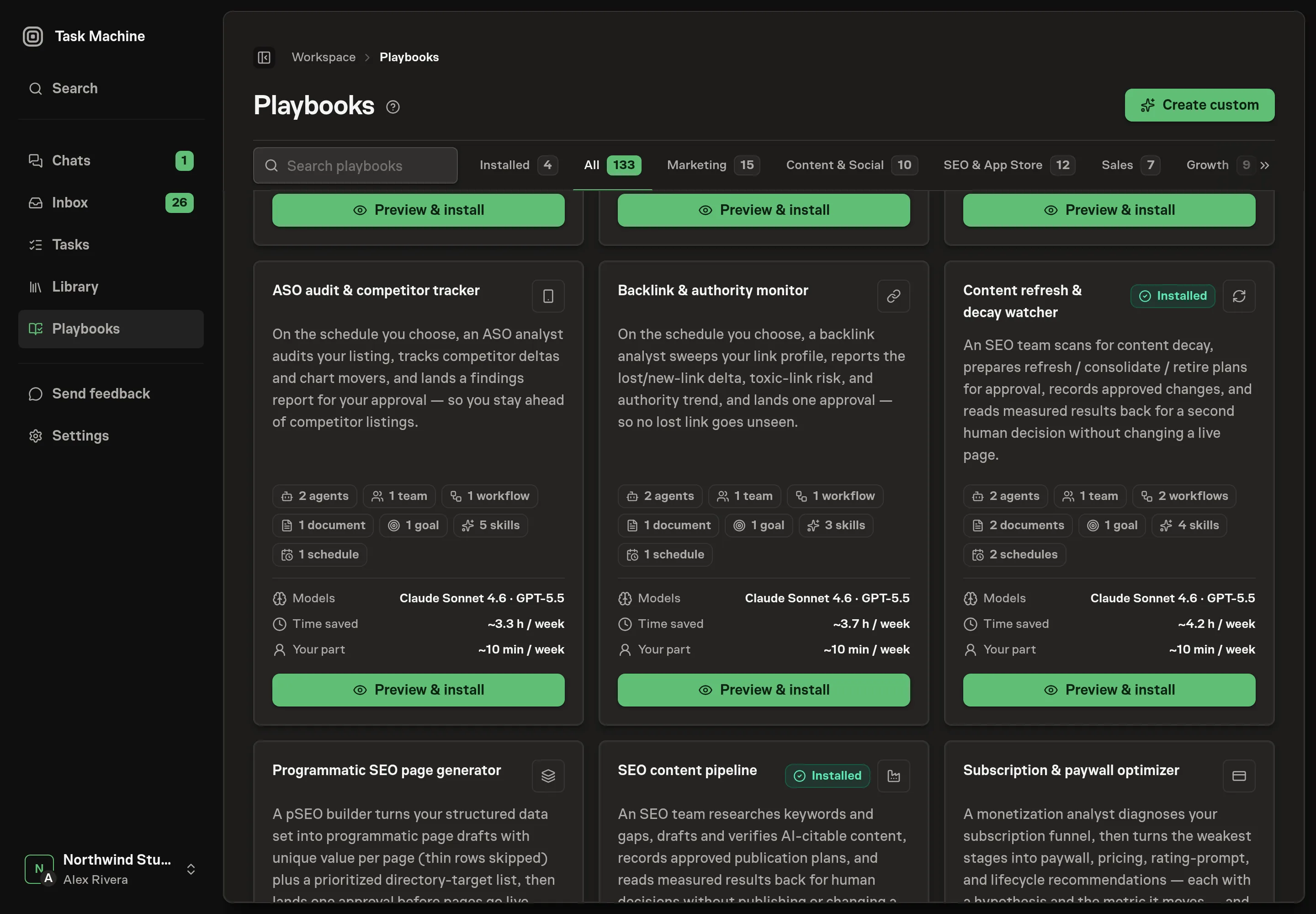 The playbook gallery with the Content refresh and decay watcher card in the SEO category, listing two agents, one team, two workflows, two documents, one goal, four skills, and two schedules
