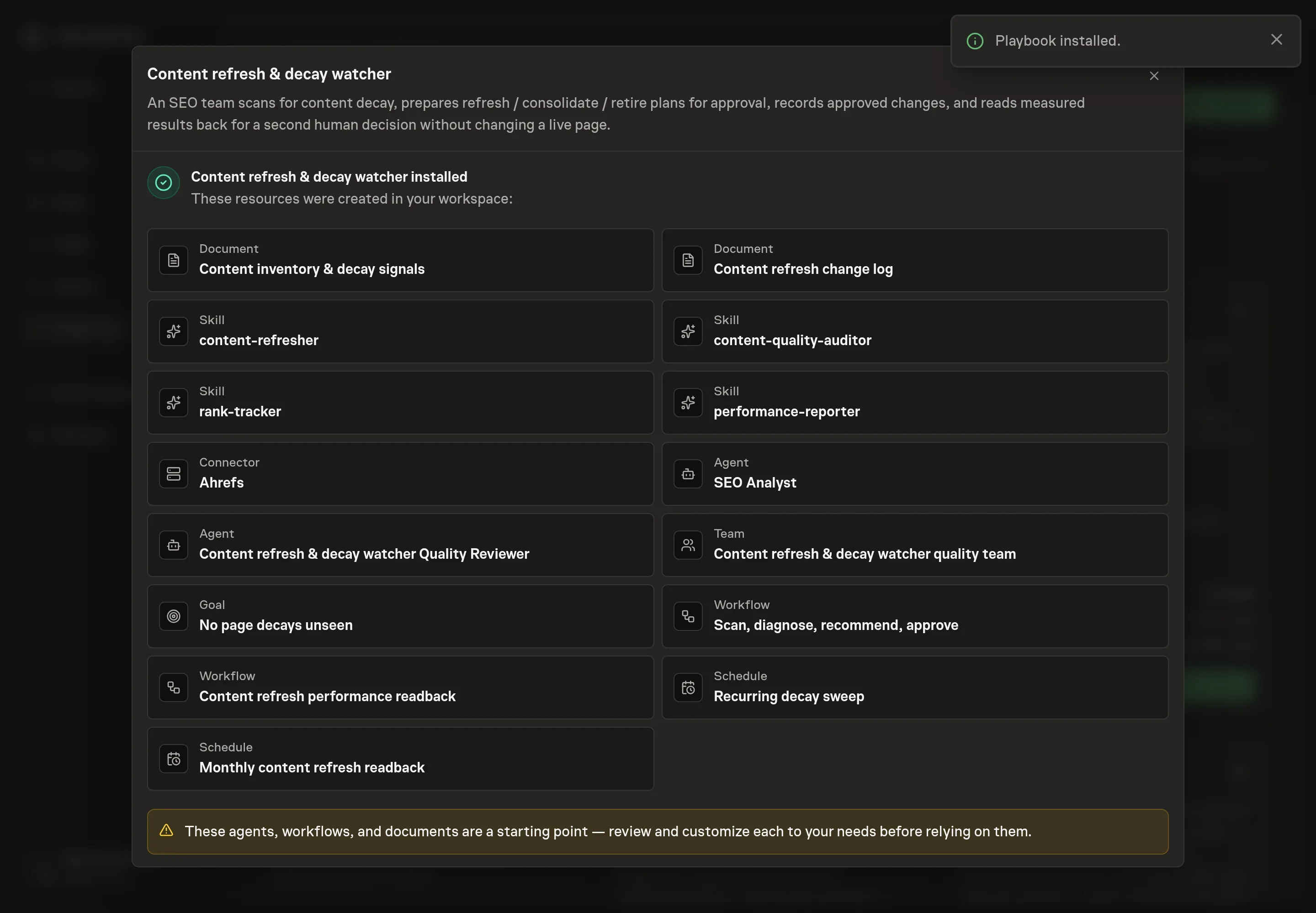 The install confirmation listing the inventory and change log documents, skills, Ahrefs connection, SEO Analyst, quality reviewer, team, goal, workflows, and schedules