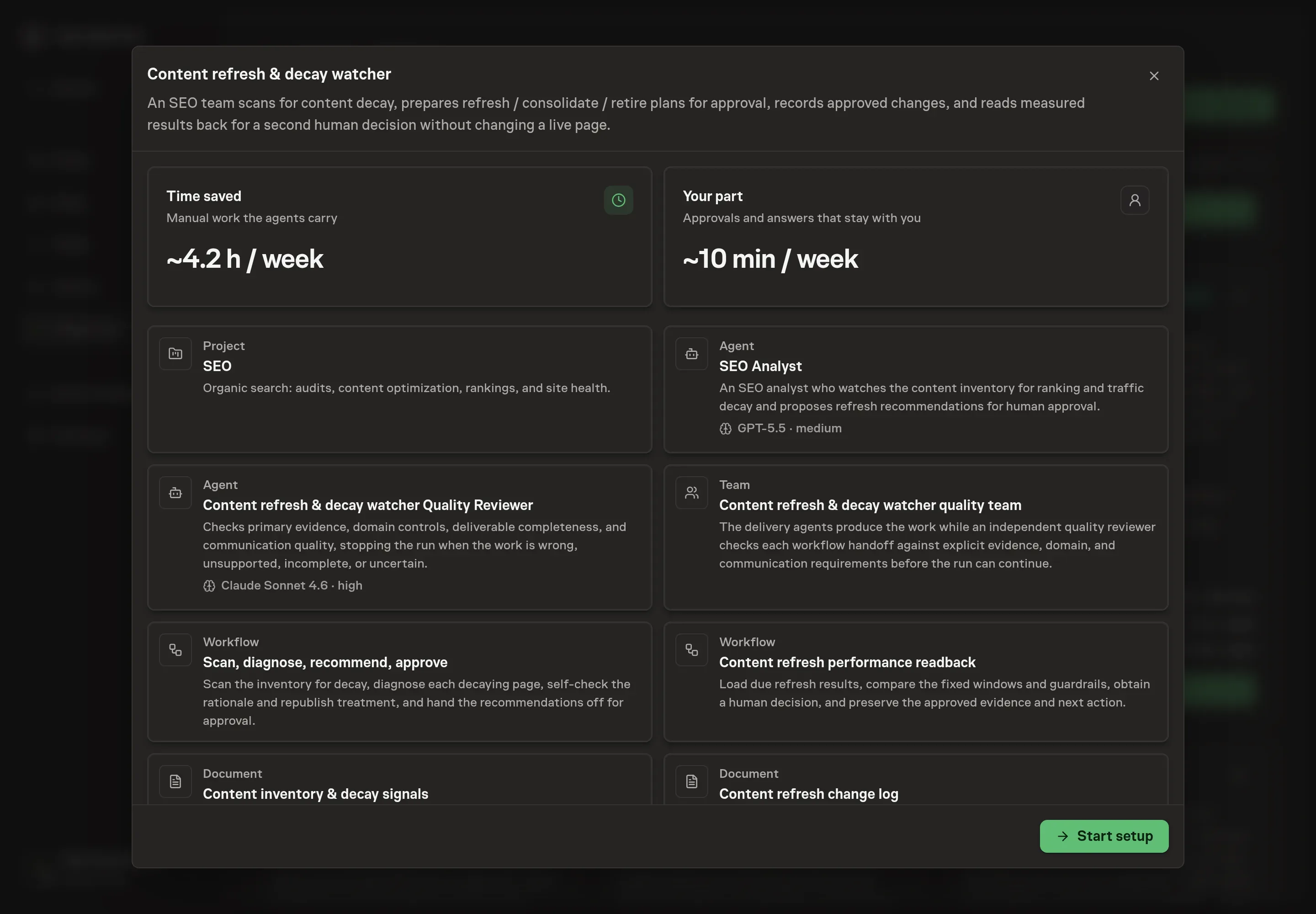 The Content refresh and decay watcher preview listing the SEO Analyst, quality reviewer, team, two workflows, two documents, goal, skills, schedules, and optional services
