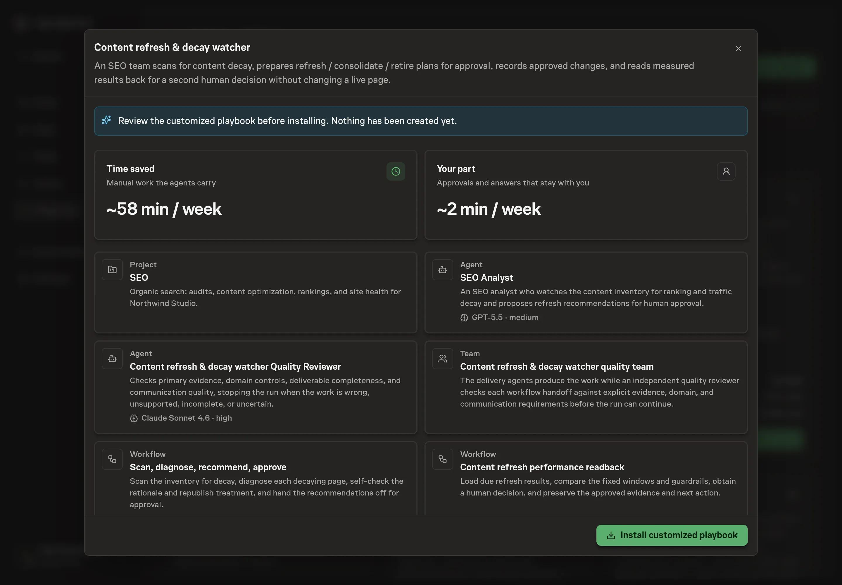 The review step showing the customized SEO Analyst, quality reviewer, team, two workflows, inventory and change log documents, goal, skills, schedules, and Ahrefs service