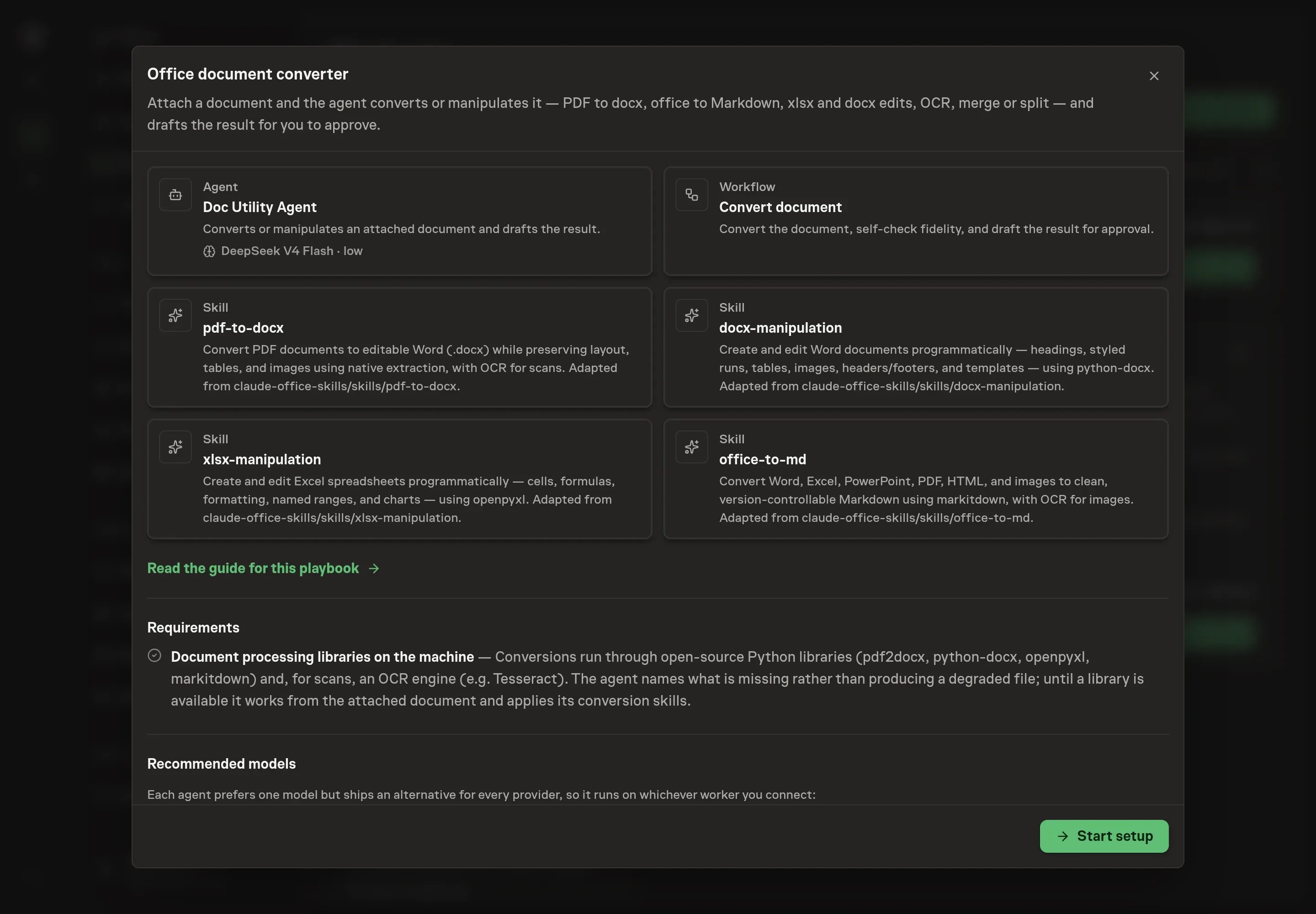 The Office document converter preview listing the agent, conversion workflow, document skills, and document processing library requirement with a Start setup button
