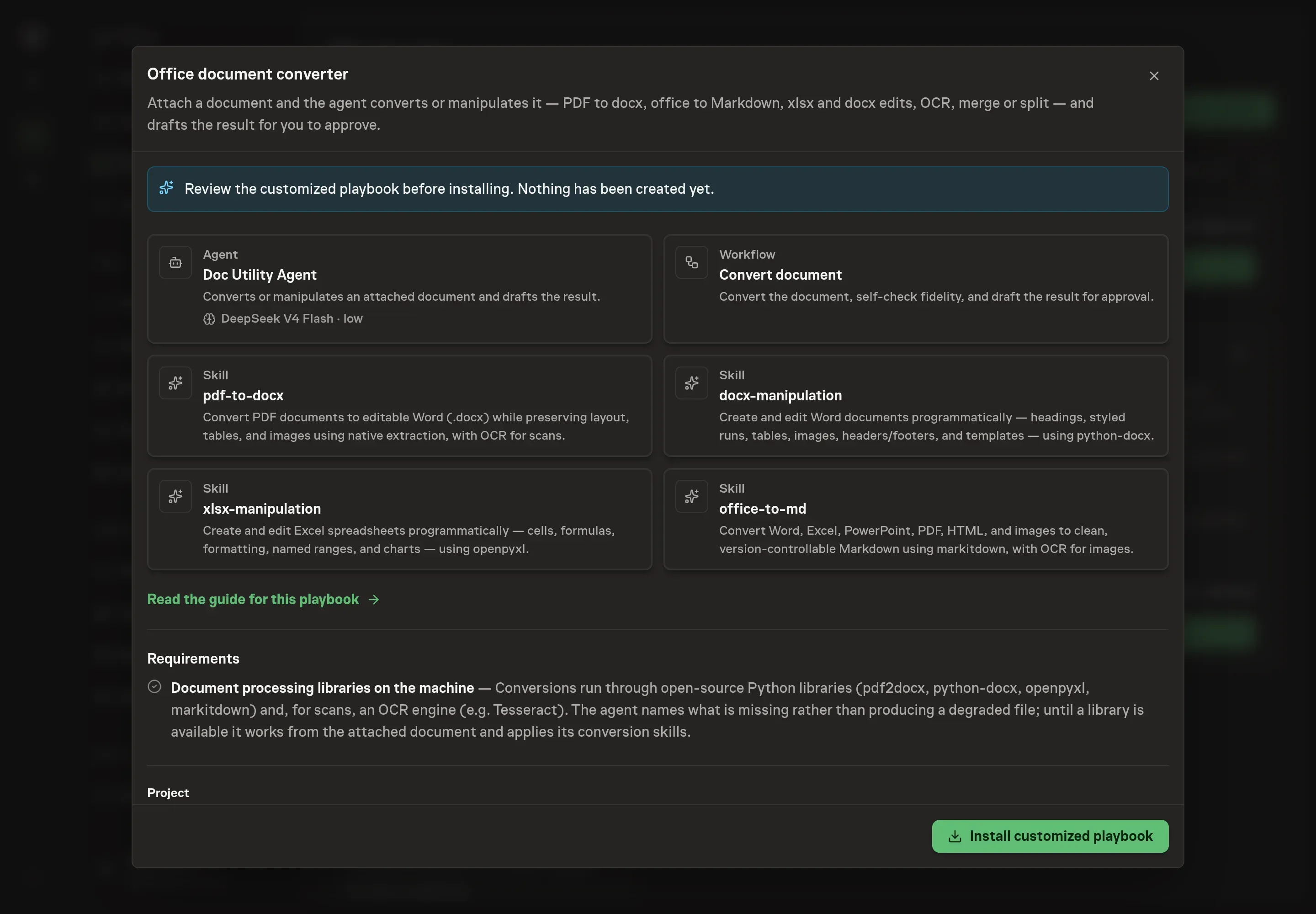 The review step showing the customized Doc Utility Agent, Convert document workflow, and conversion skills before installation