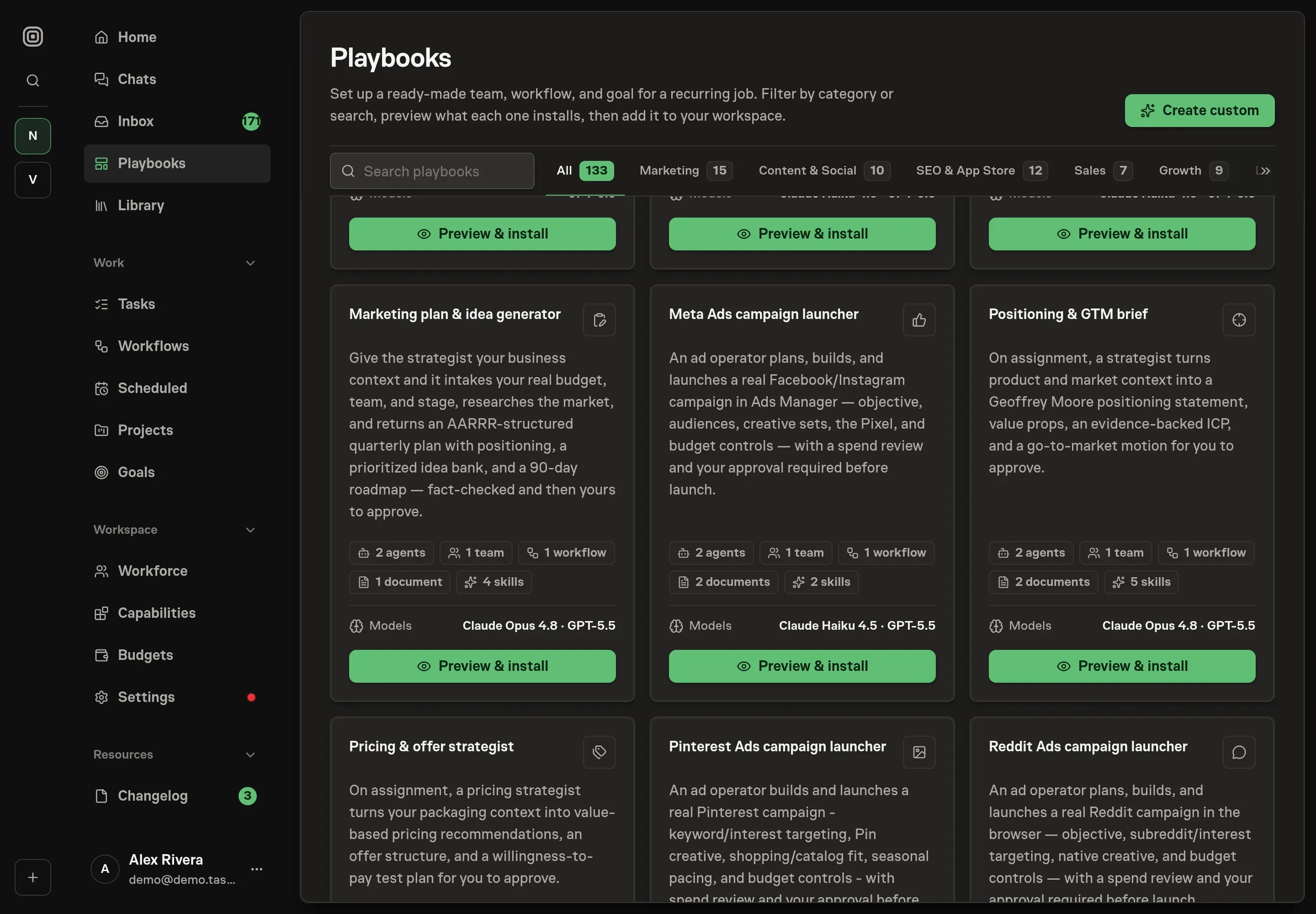 The playbook gallery with the Positioning and GTM brief card in the Marketing category, listing the agents, team, workflow, documents, and skills