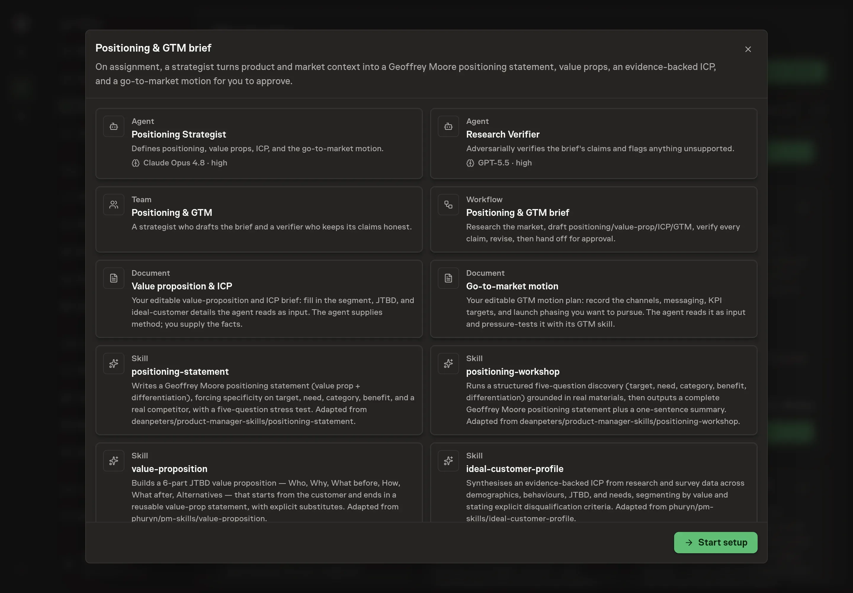 The Positioning and GTM brief preview listing the strategist, verifier, team, documents, workflow, and research requirement