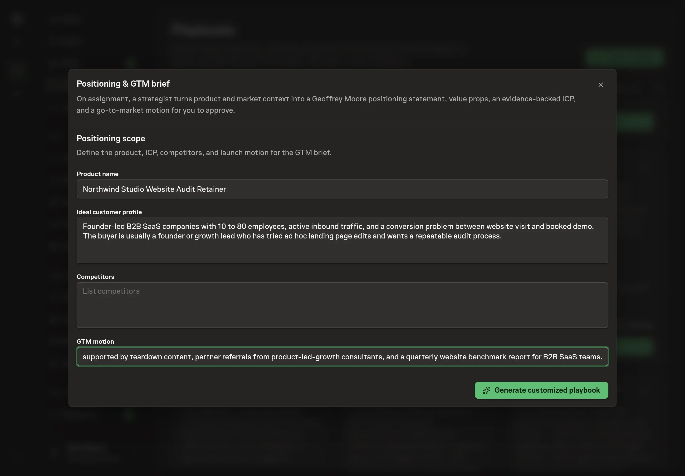 The setup form filled in with the product name, ideal customer profile, competitors, and GTM motion for Northwind Studio