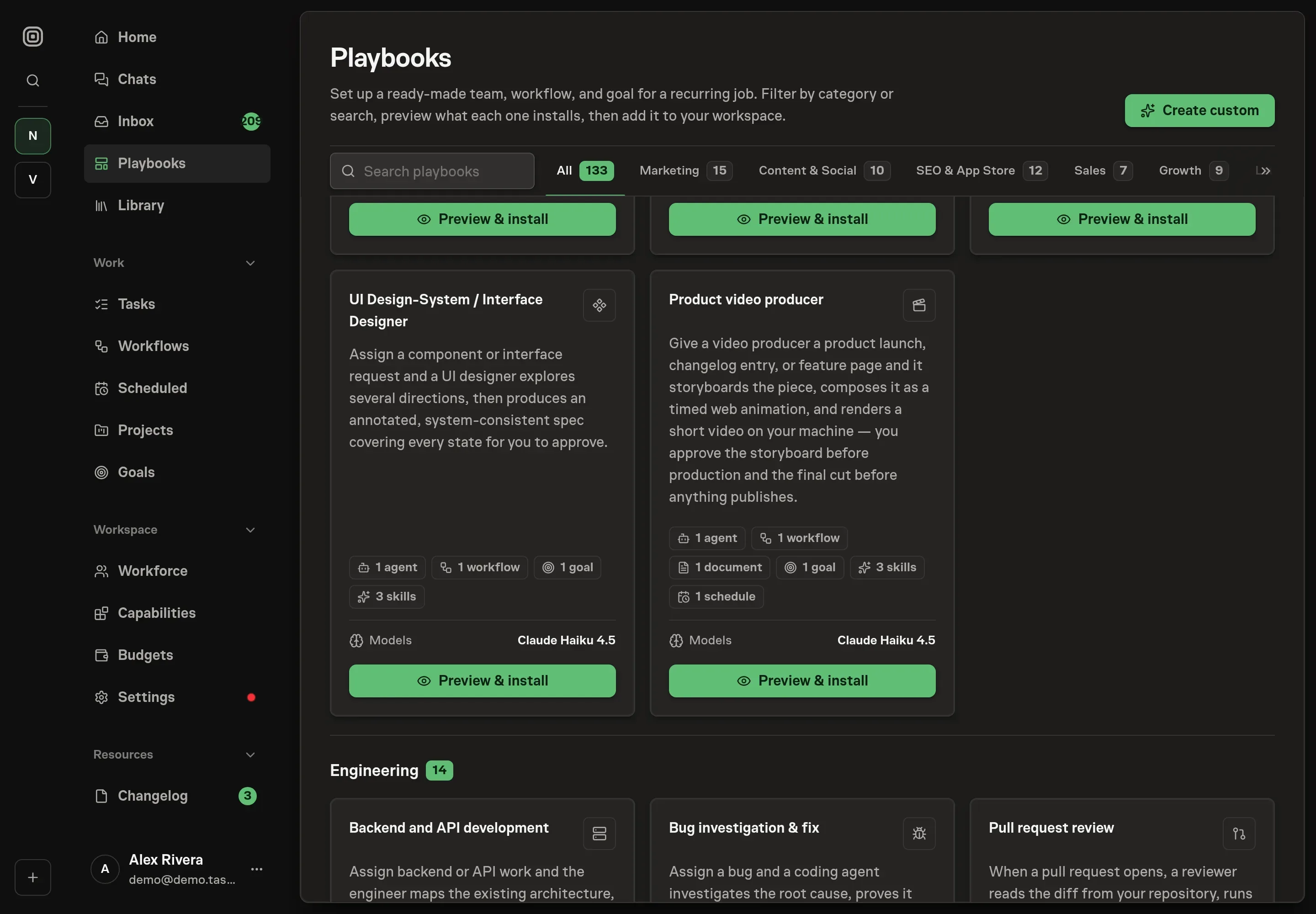 The playbook gallery with the UI Design-System / Interface Designer card in the Design category, listing one agent, one workflow, one goal, three skills, and follow-ups