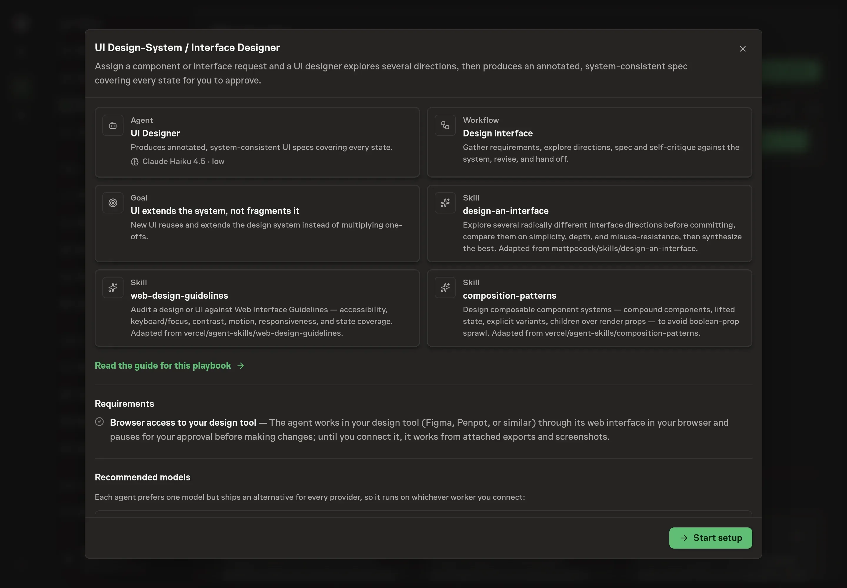 The UI Design-System / Interface Designer preview listing the UI Designer, design workflow, goal, skills, and Start setup button