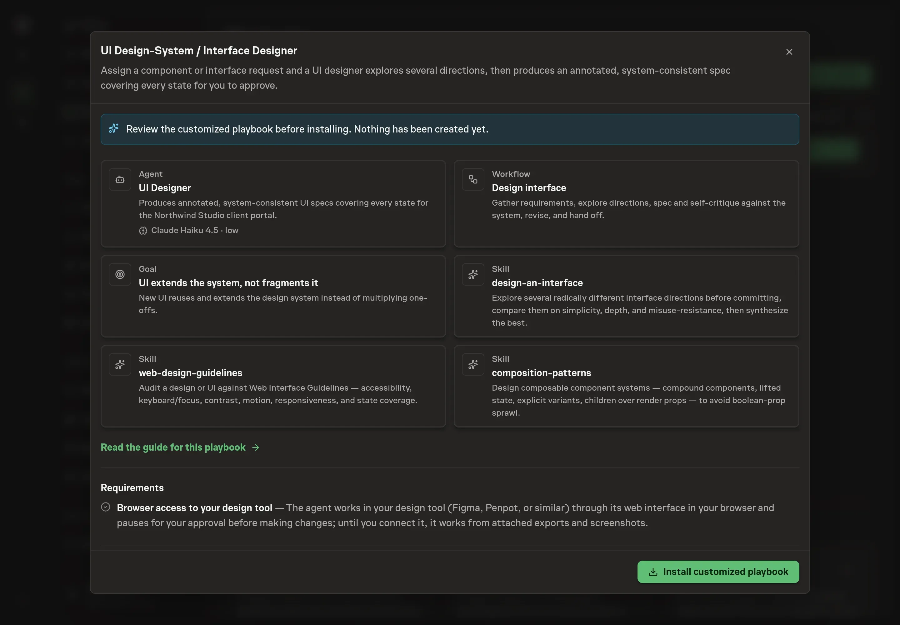 The review step showing the customized UI Designer, Design interface workflow, goal, and skills ready to install