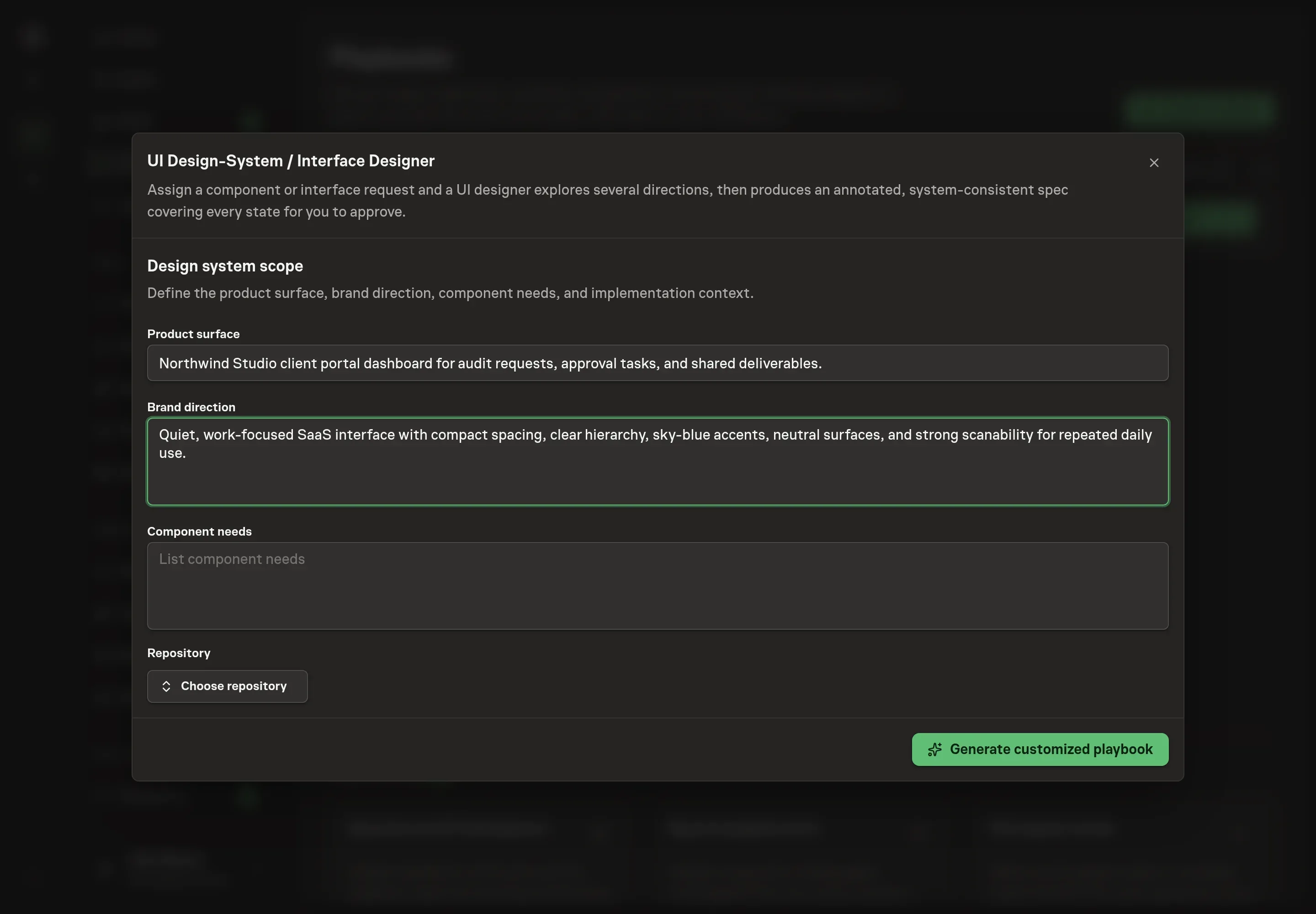 The setup form filled with the Northwind Studio client portal surface, brand direction, component needs, and repository selection