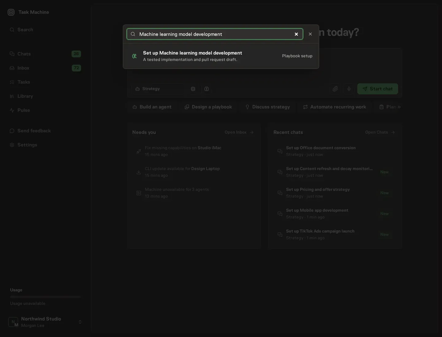 The command center offering Set up Machine learning model development
