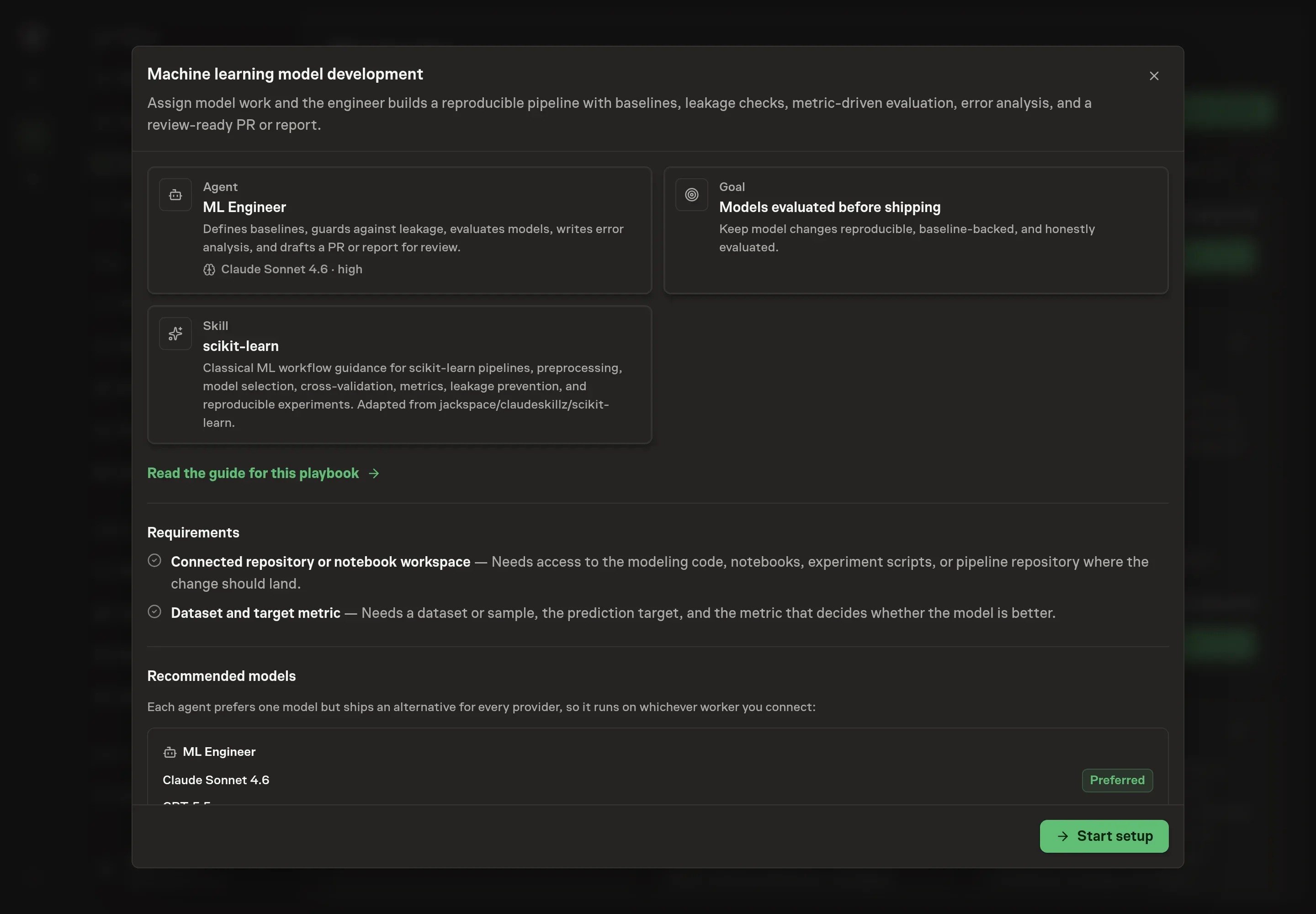 The Machine learning model development preview showing the ML Engineer, model-evaluation goal, scikit-learn skill, and Start setup button