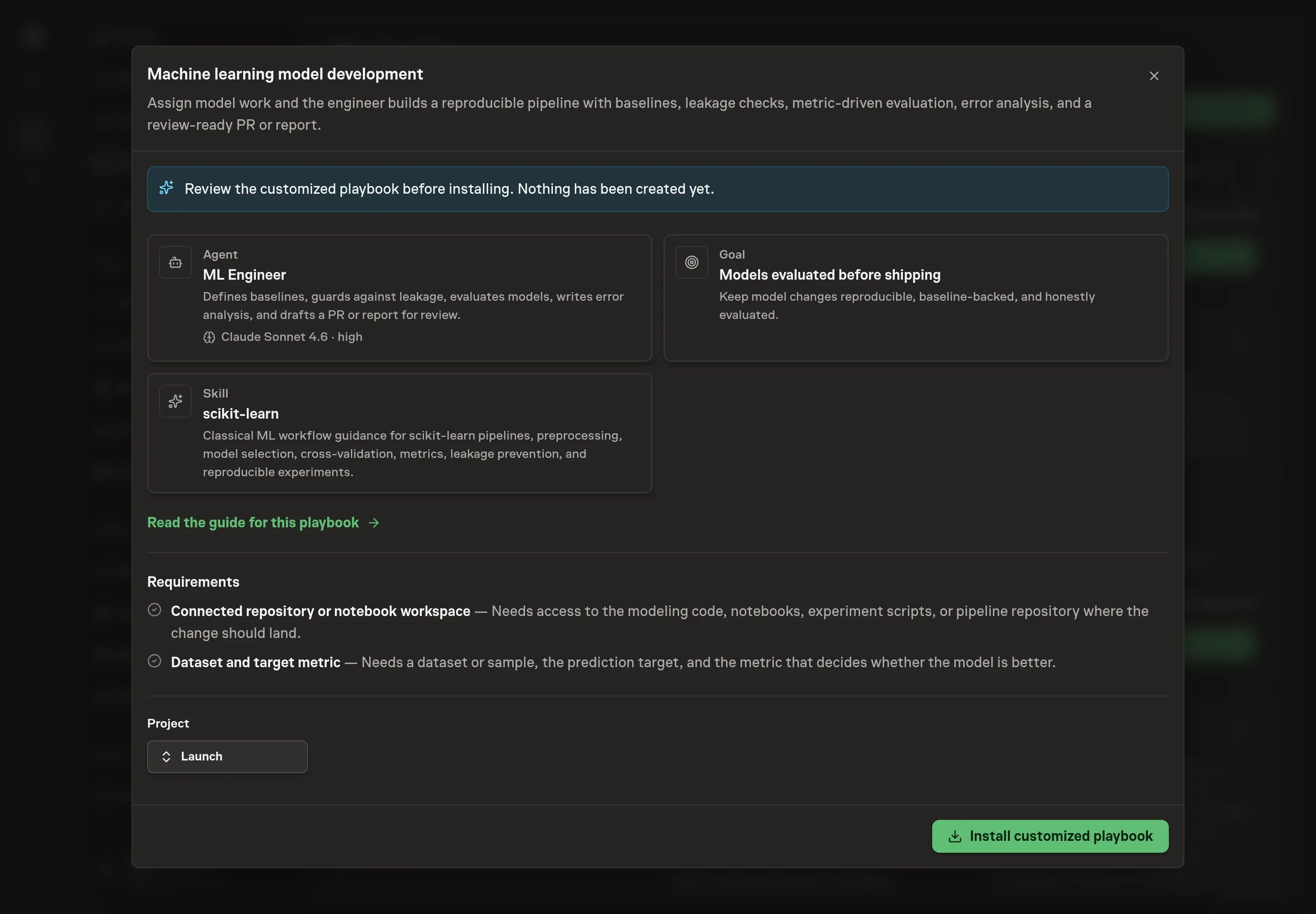 The review step showing the customized ML Engineer, model-evaluation goal, and scikit-learn skill before installation