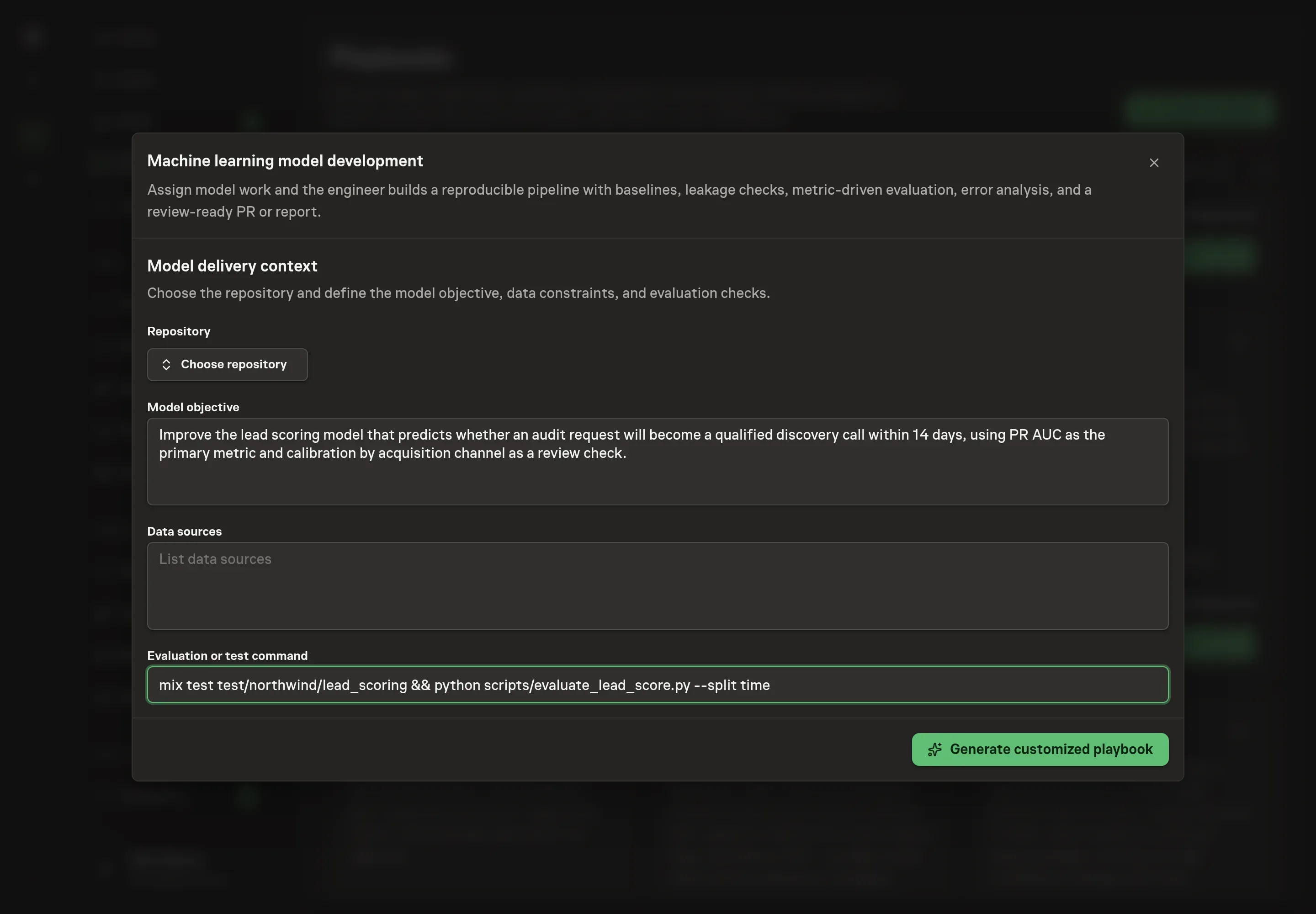 The setup form filled with Northwind Studio's repository, lead-scoring objective, CRM and product-event data sources, and pytest evaluation command