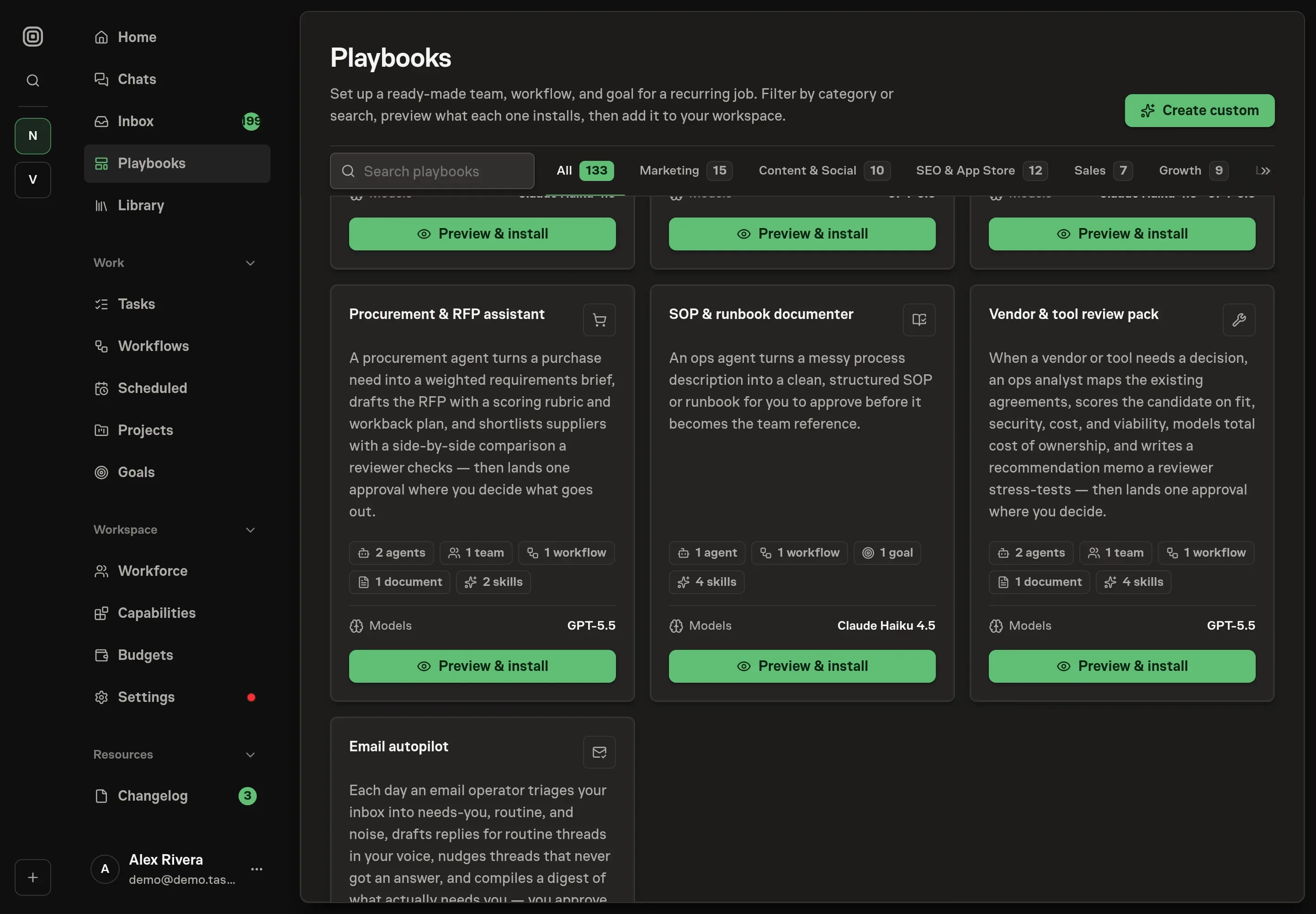 The playbook gallery with the SOP and runbook documenter card in the Operations category, listing the agent, workflow, goal, and skills it installs