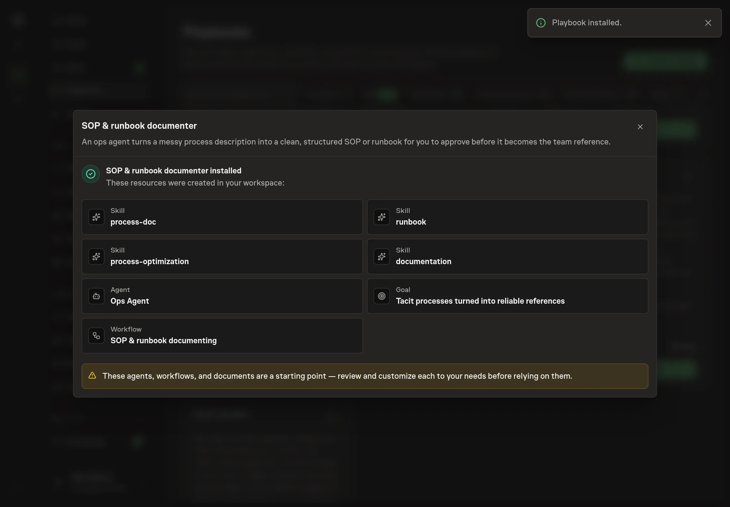 The install confirmation listing the created Ops Agent, documentation skills, SOP workflow, and follow-up to start the first run