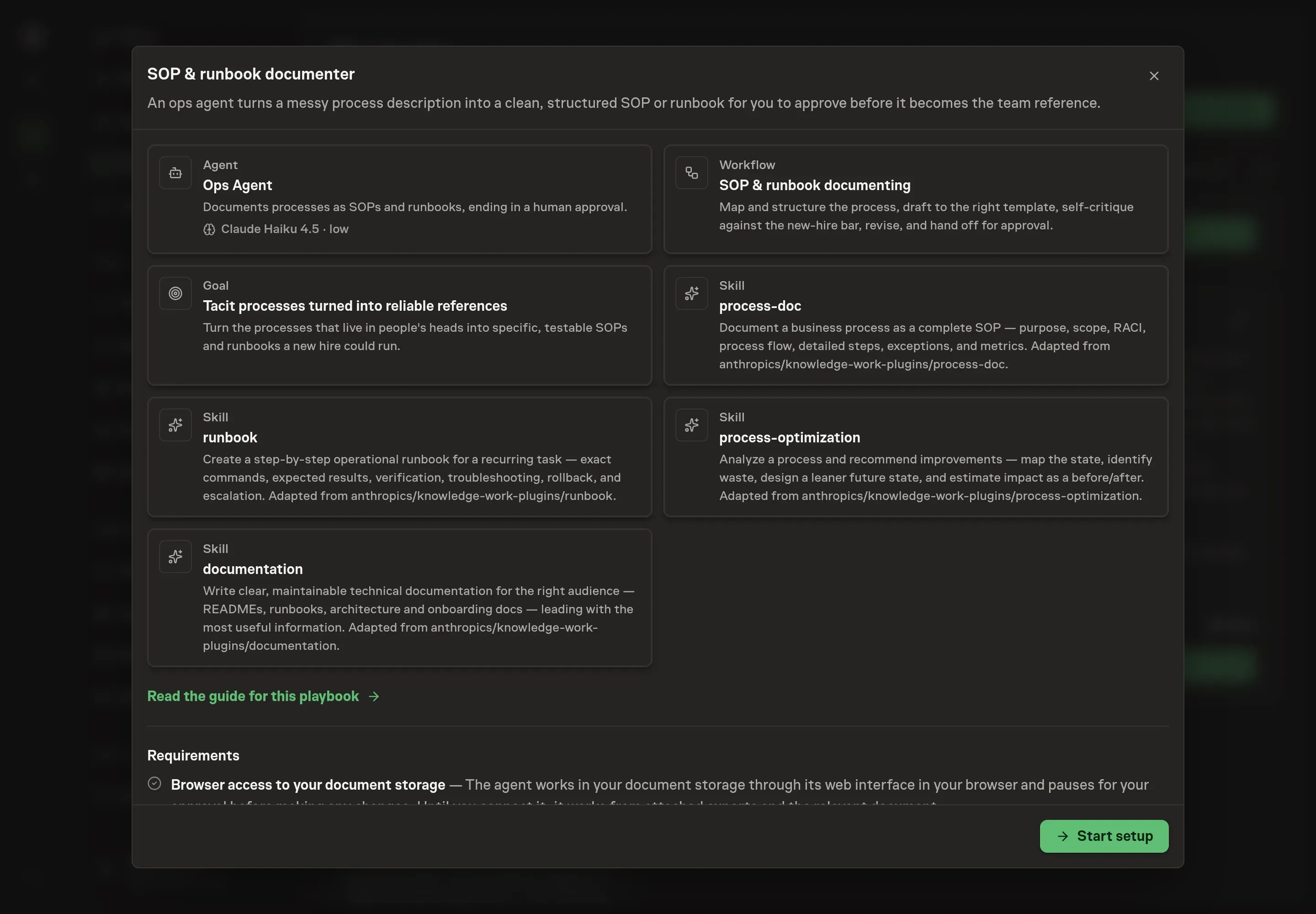The SOP and runbook documenter preview listing the Ops Agent, workflow, documentation skills, goal, and Start setup button