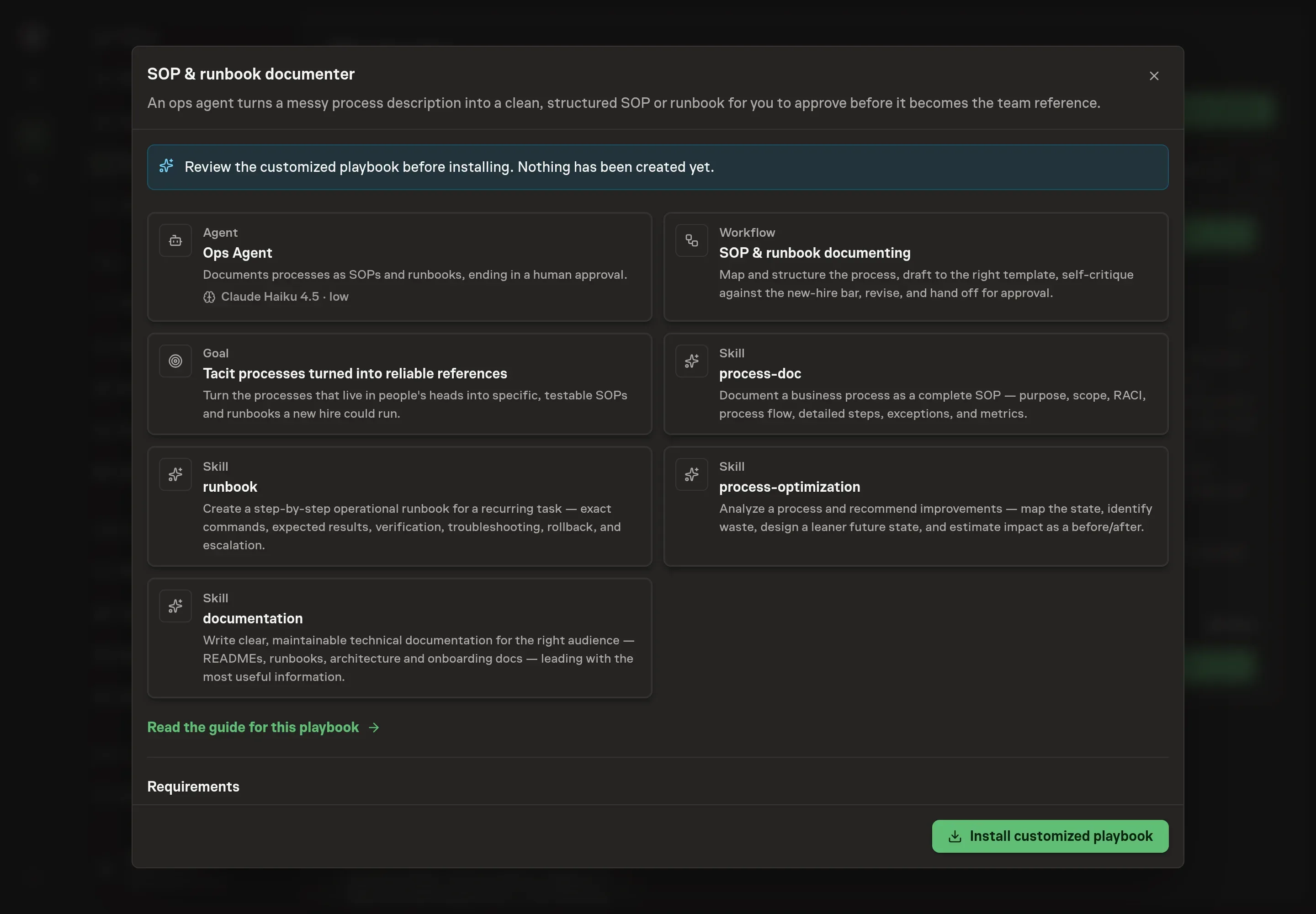 The review step showing the customized Ops Agent, SOP documenting workflow, skills, goal, and process scope