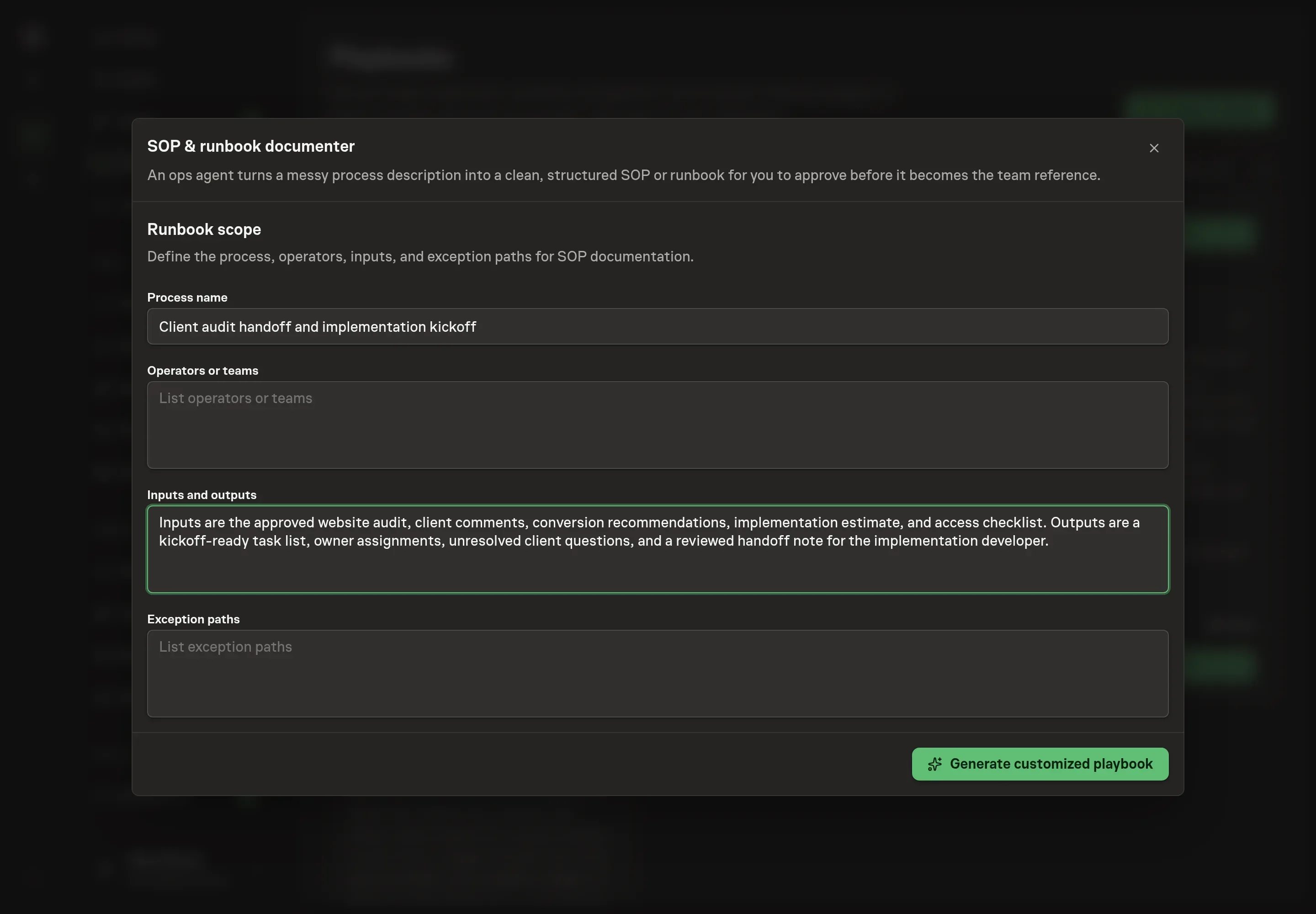 The setup form filled in with a client onboarding handoff process, delivery and operations teams, inputs and outputs, and exception paths