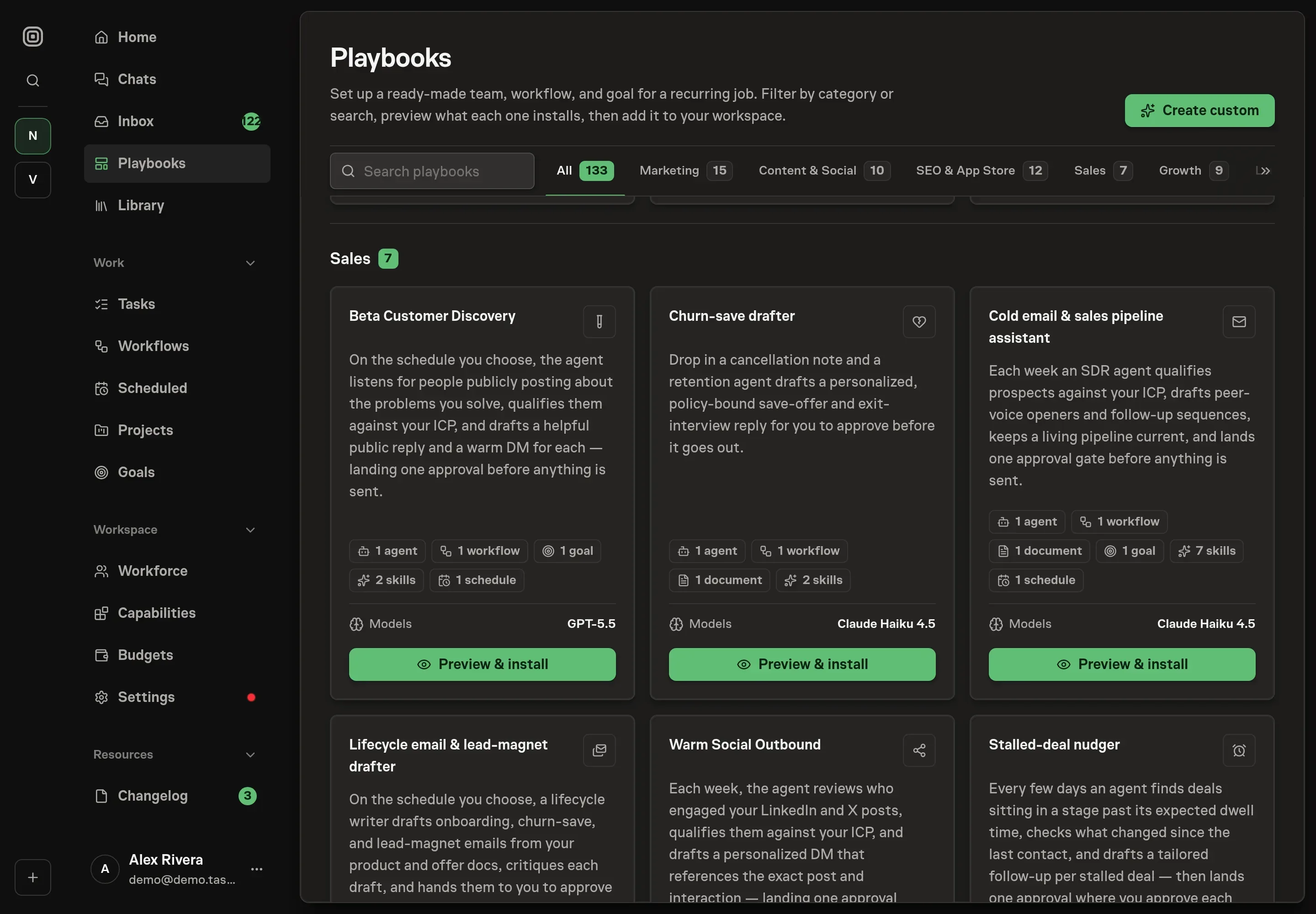 The playbook gallery with the Churn-save drafter card in the Sales category, listing one agent, one workflow, one document, and two skills
