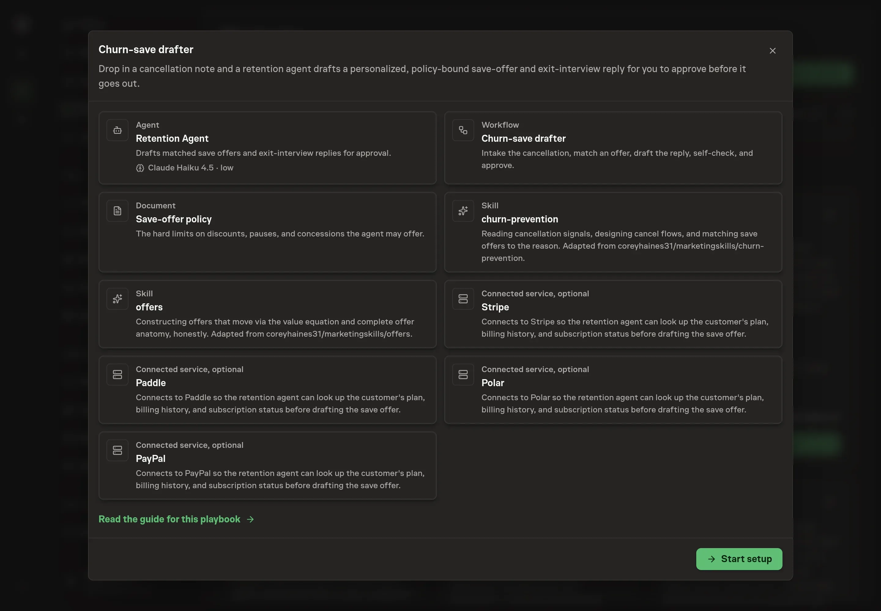 The Churn-save drafter preview listing the Retention Agent, the workflow, the save-offer policy document, both skills, and Stripe, Paddle, Polar, and PayPal as optional services, with a Start setup button