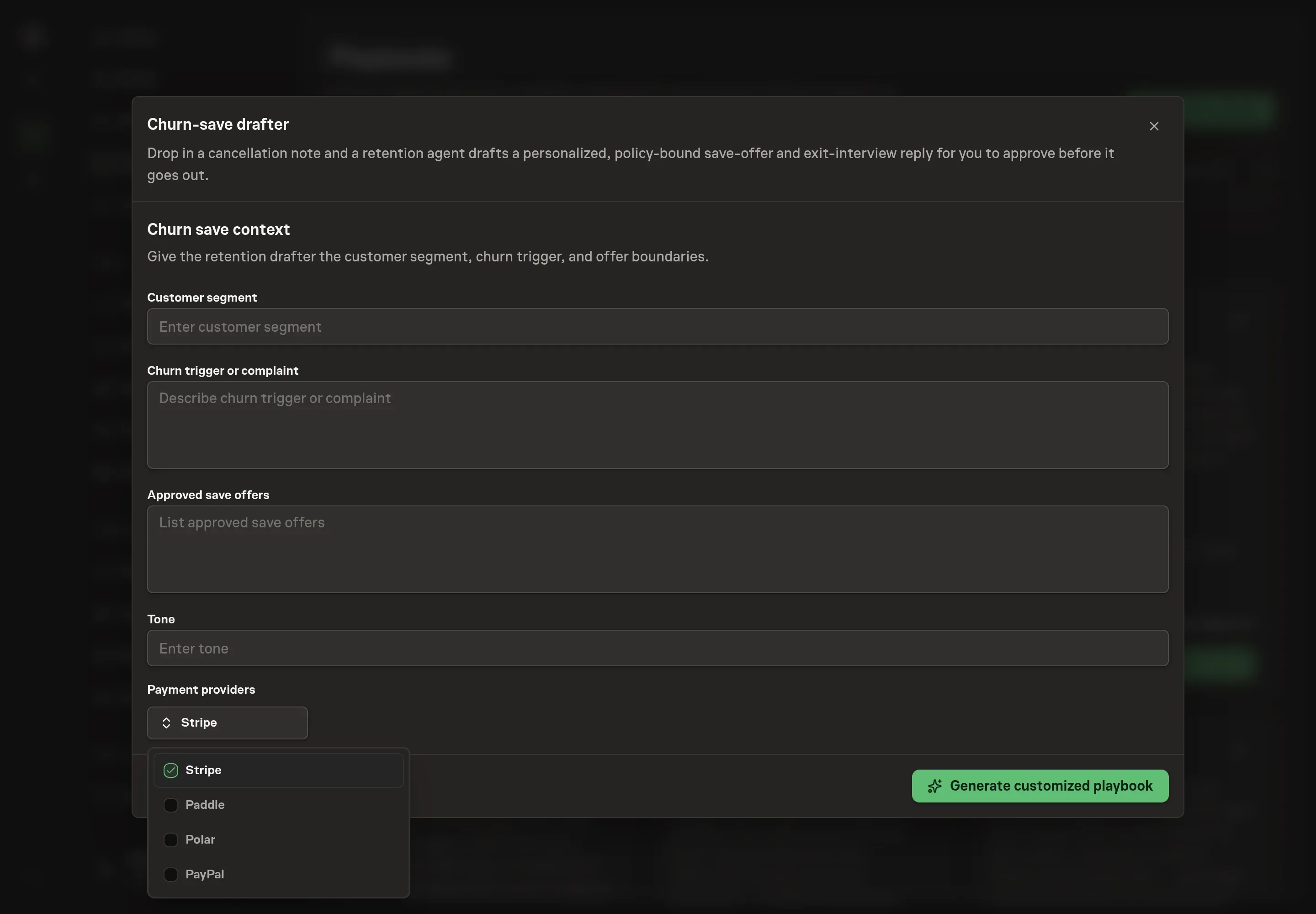 The payment providers picker open on the setup step, with Stripe checked and Paddle, Polar, and PayPal available