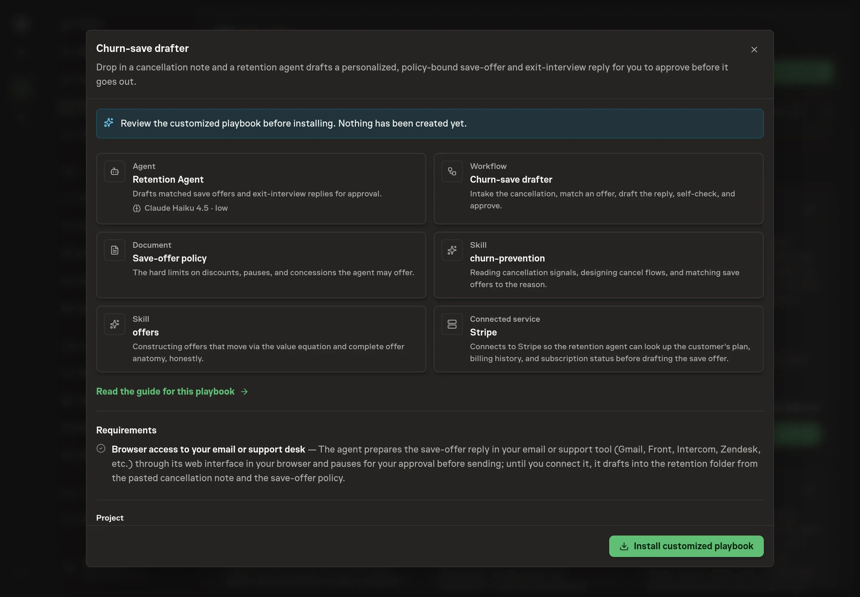 The review step showing the customized Retention Agent, workflow, save-offer policy, and skills, with Stripe as the only connected service and a banner confirming nothing has been created yet